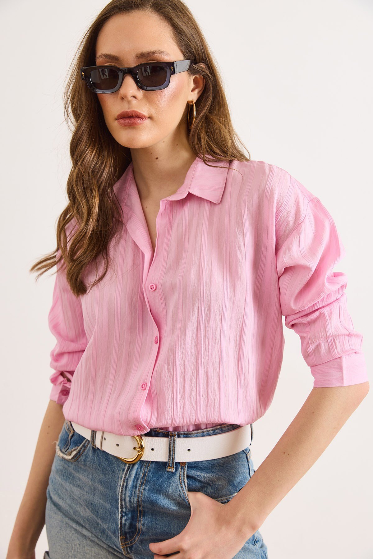 Dokulu Hafif Transparan Loose Fit Gömlek Pembe