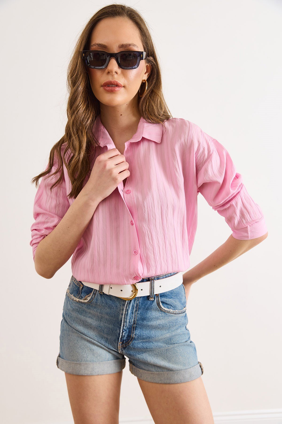 Dokulu Hafif Transparan Loose Fit Gömlek Pembe