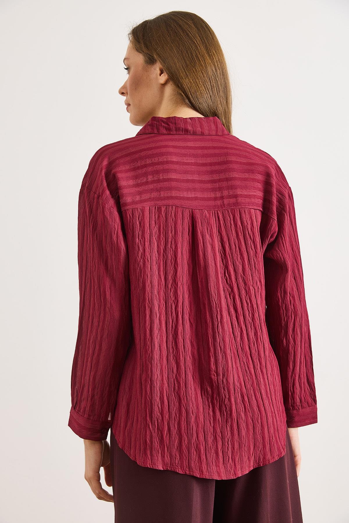 Dokulu Hafif Transparan Loose Fit Gömlek Bordo