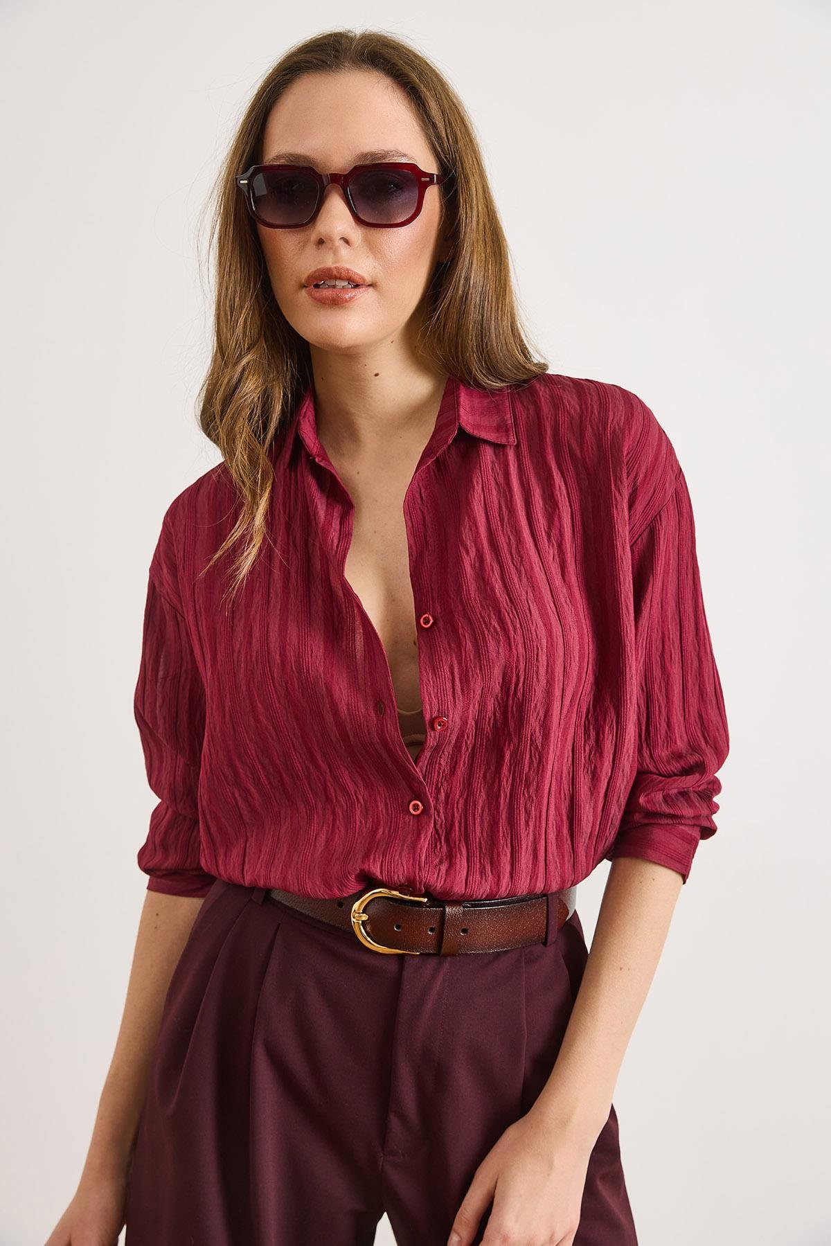 Dokulu Hafif Transparan Loose Fit Gömlek Bordo
