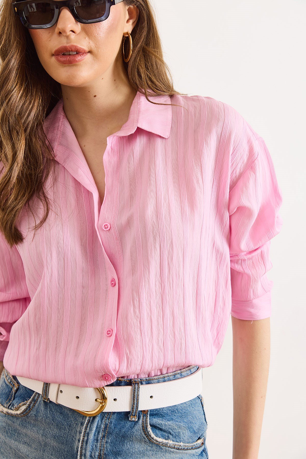 Dokulu Hafif Transparan Loose Fit Gömlek Pembe