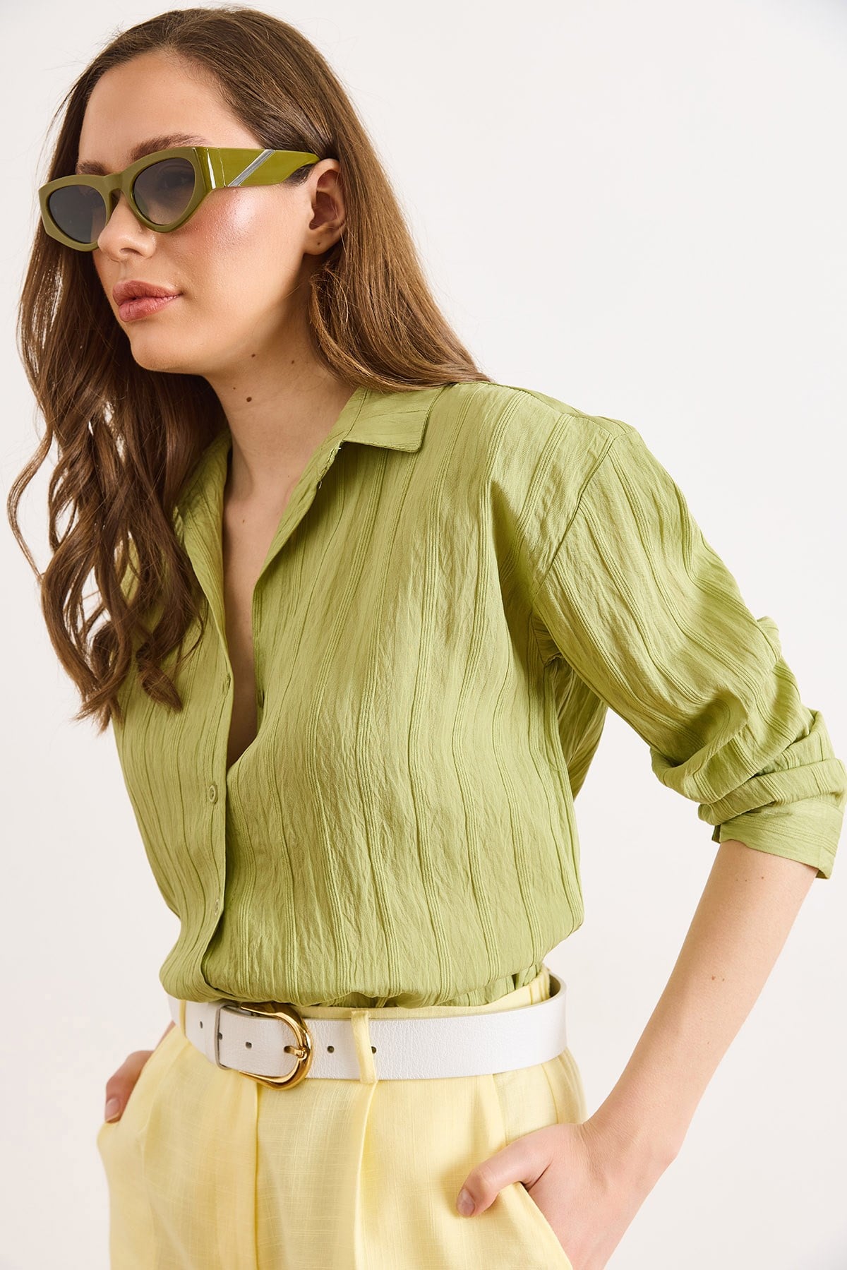 Dokulu Hafif Transparan Loose Fit Gömlek Yeşil