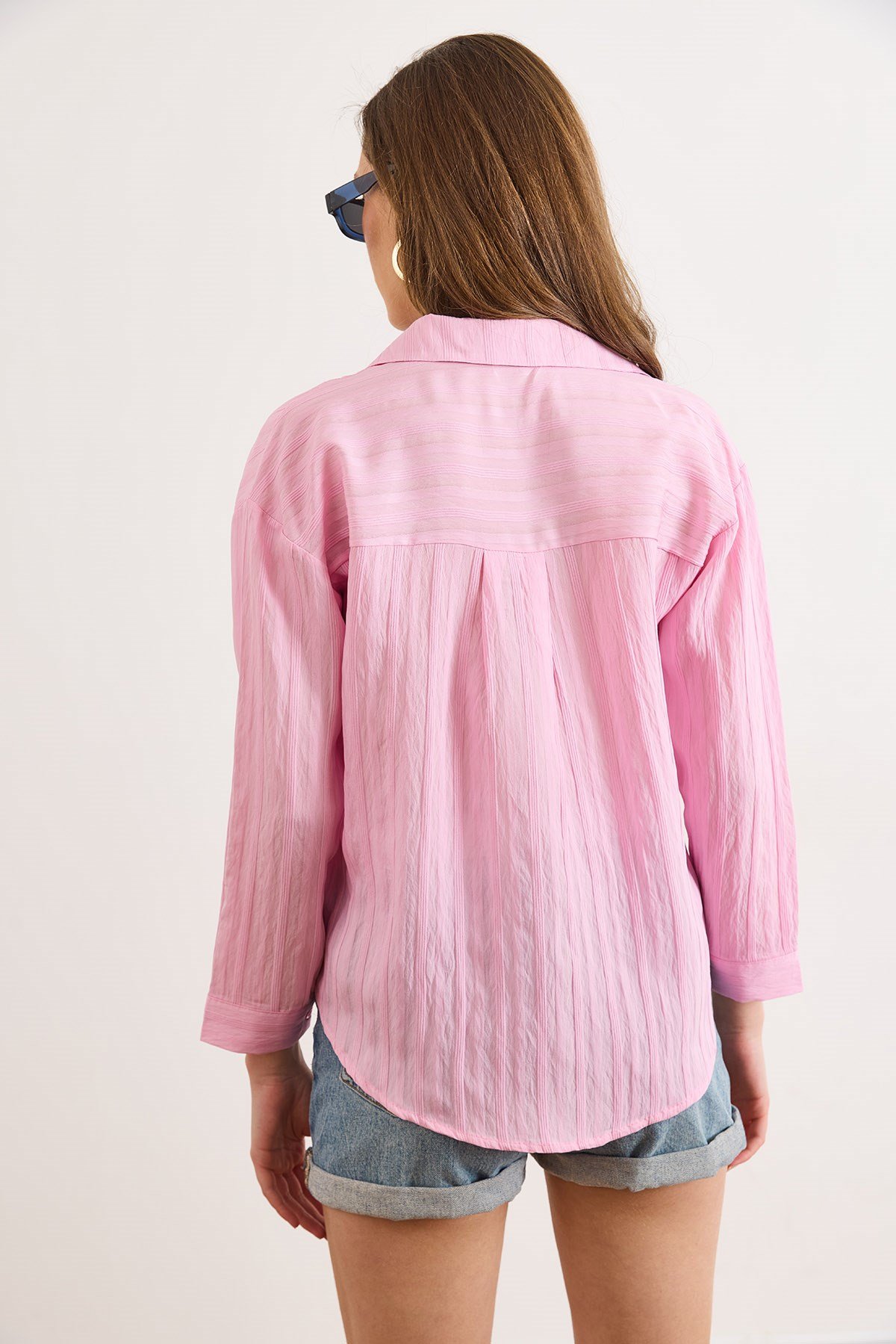 Dokulu Hafif Transparan Loose Fit Gömlek Pembe