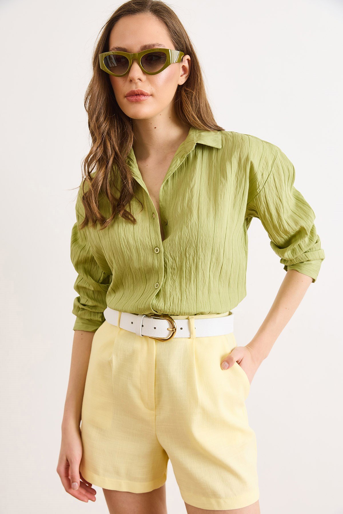 Dokulu Hafif Transparan Loose Fit Gömlek Yeşil