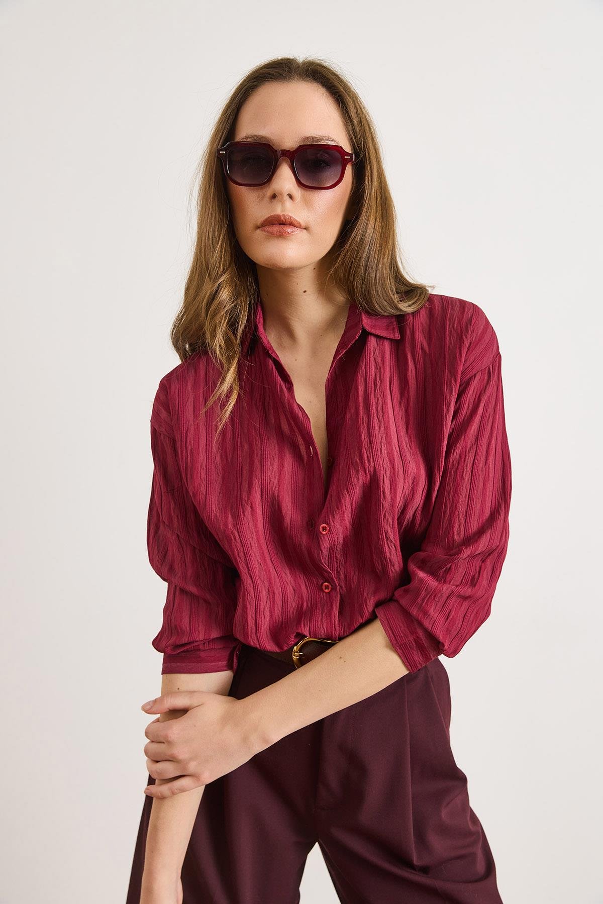 Dokulu Hafif Transparan Loose Fit Gömlek Bordo