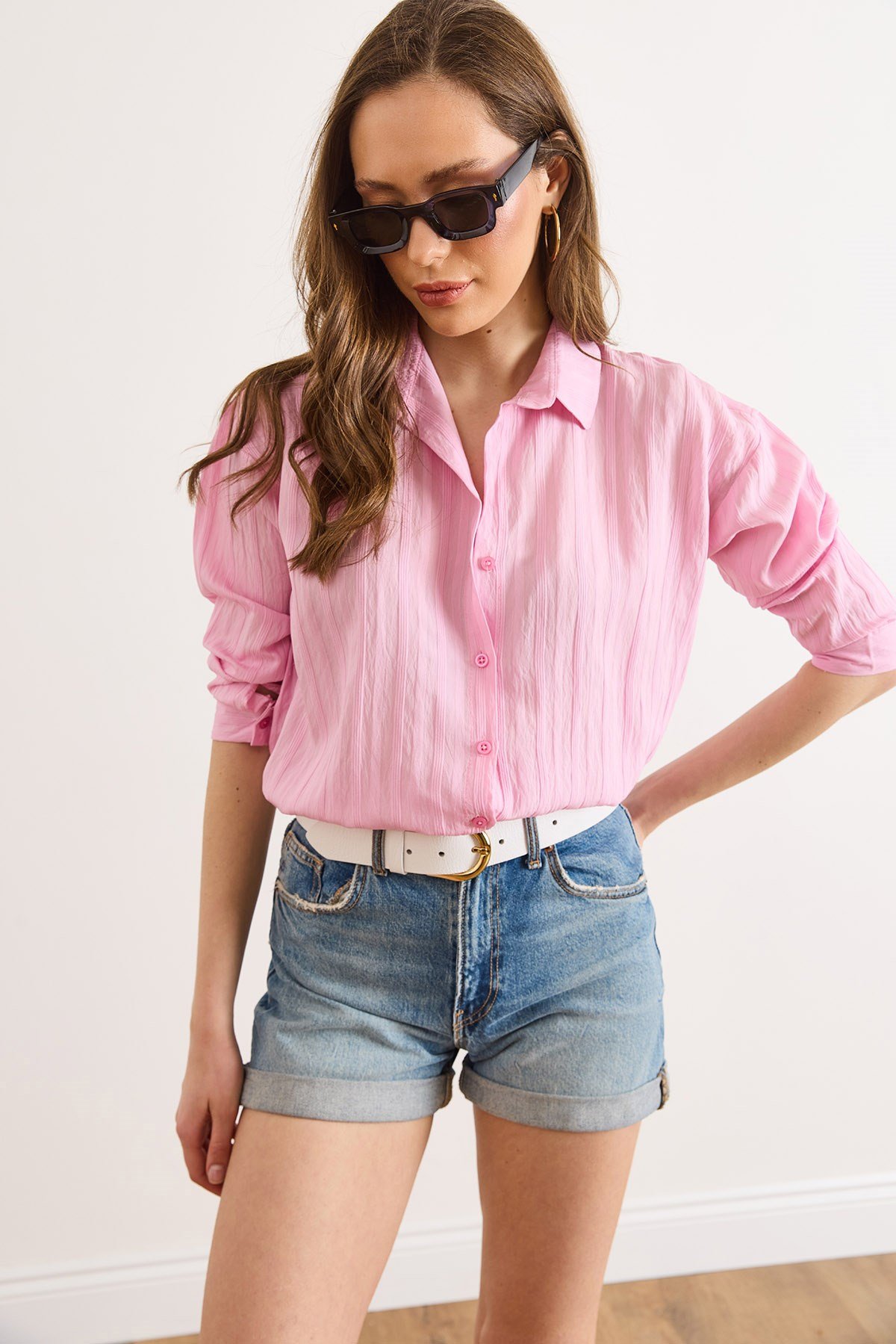 Dokulu Hafif Transparan Loose Fit Gömlek Pembe