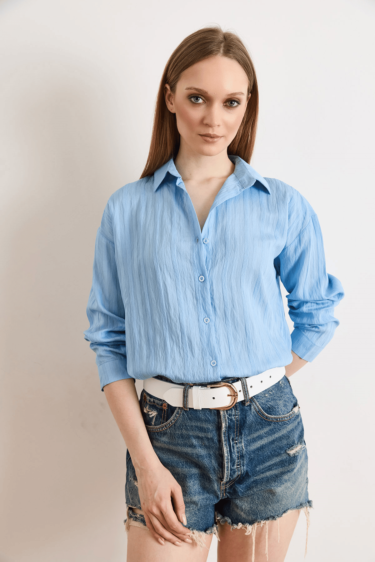 Dokulu Hafif Transparan Loose Fit Gömlek Mavi