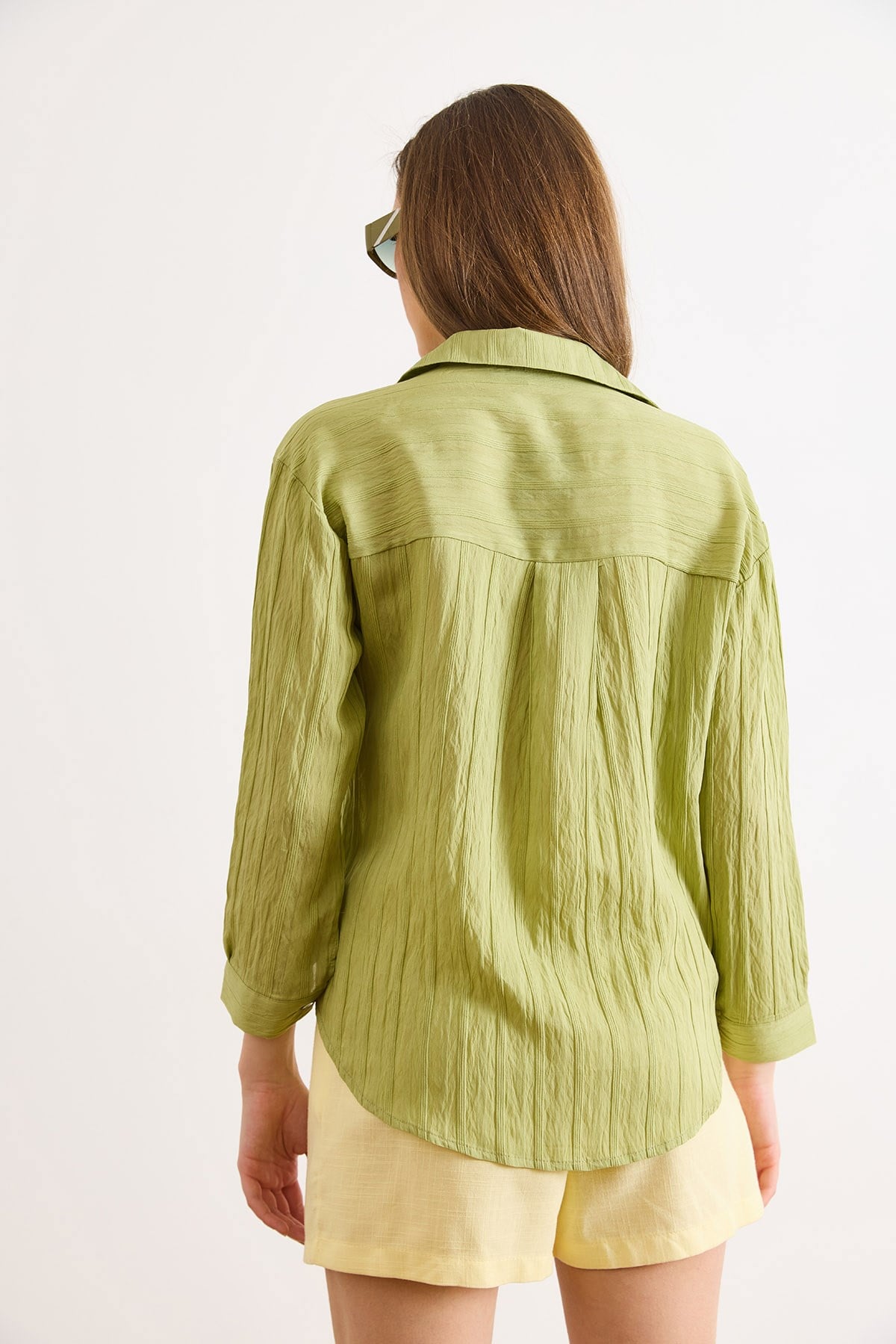 Dokulu Hafif Transparan Loose Fit Gömlek Yeşil