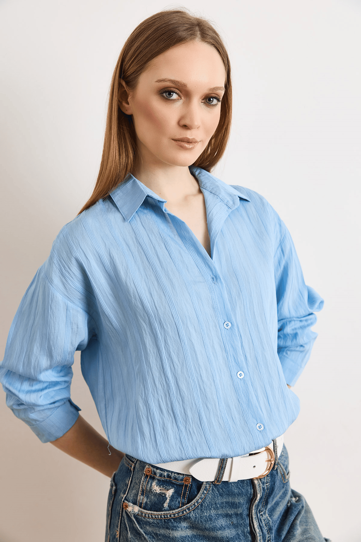 Dokulu Hafif Transparan Loose Fit Gömlek Mavi