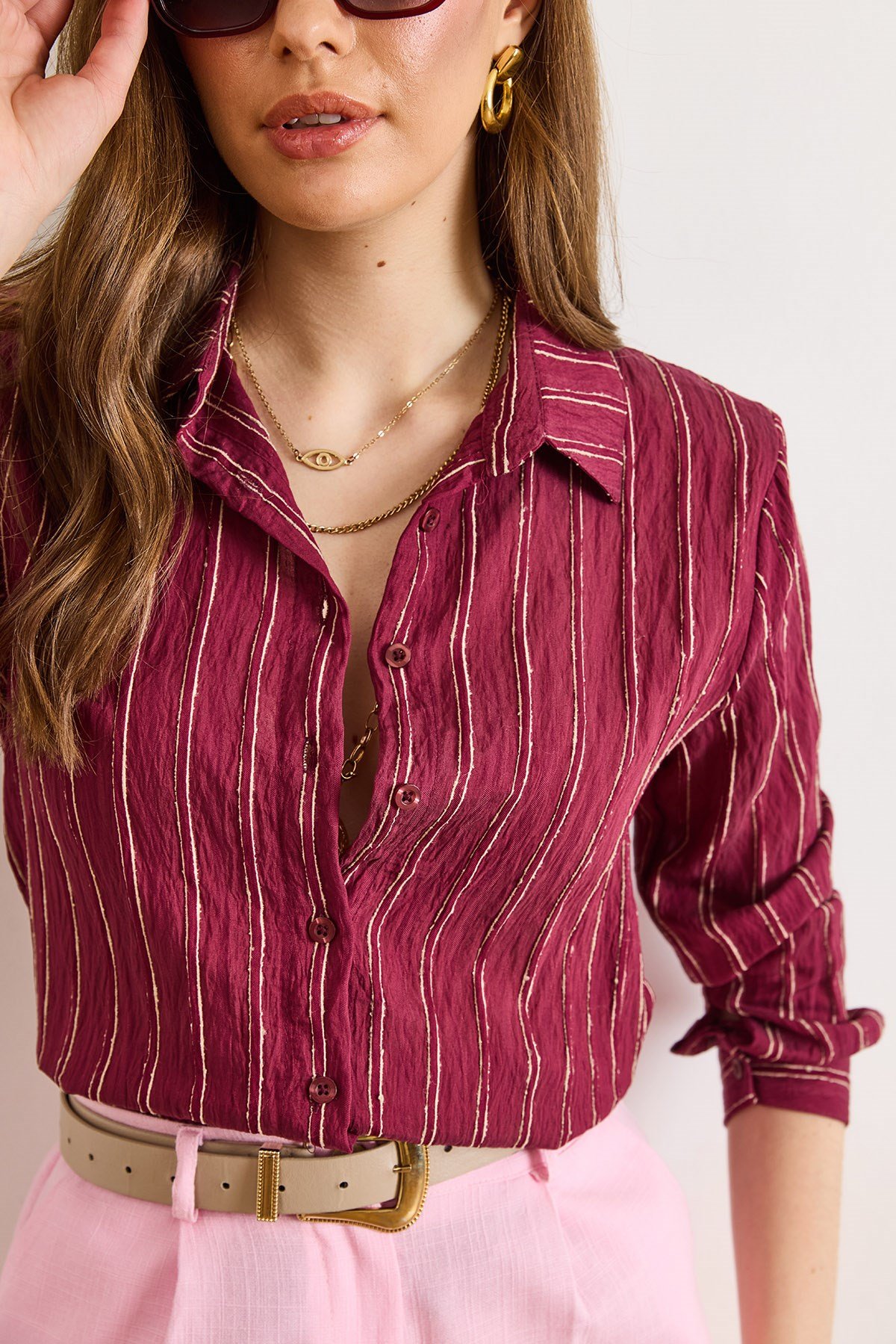 Dokulu Kontrast Çizgili Regular Fit Gömlek Bordo