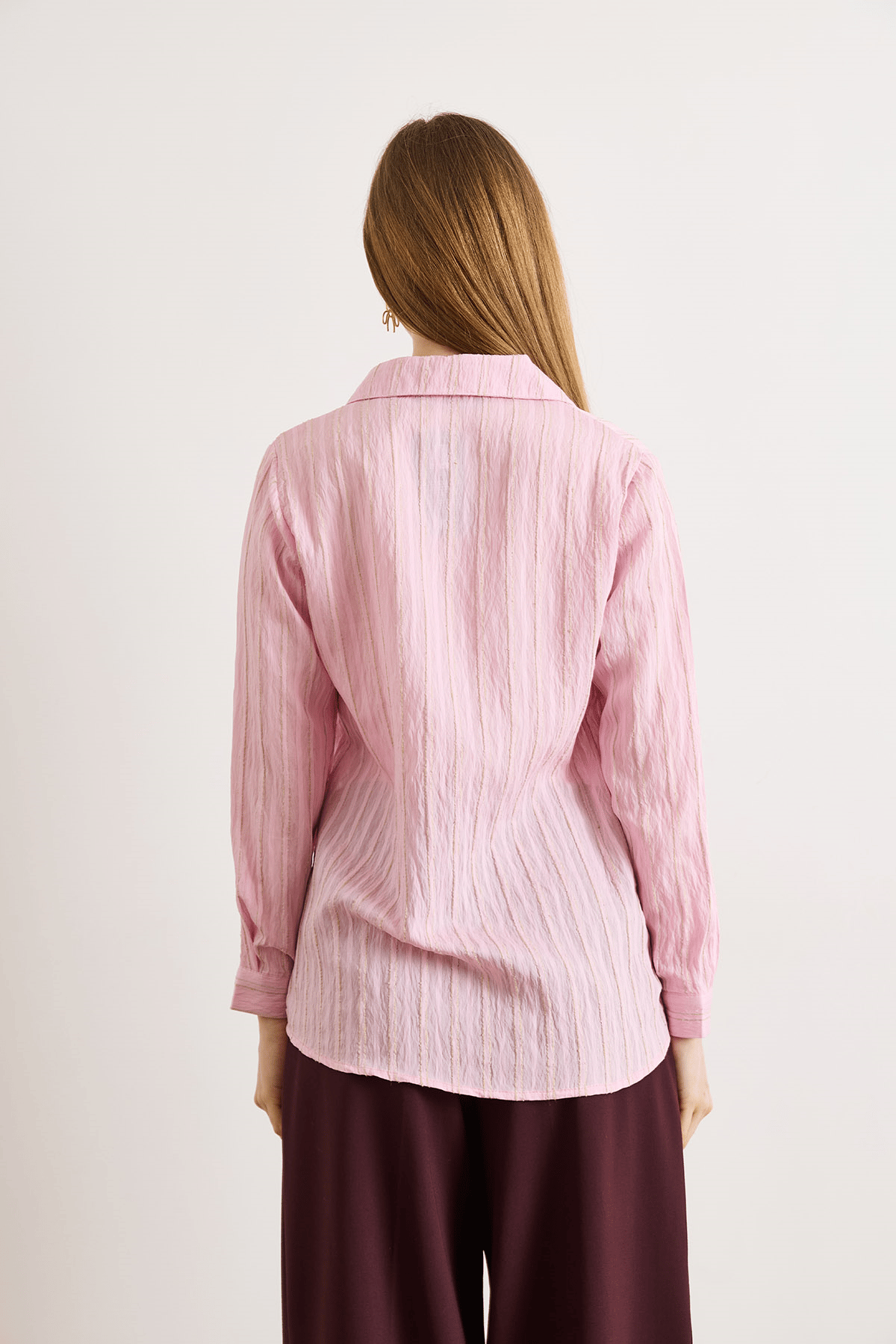 Dokulu Kontrast Çizgili Regular Fit Gömlek Pembe