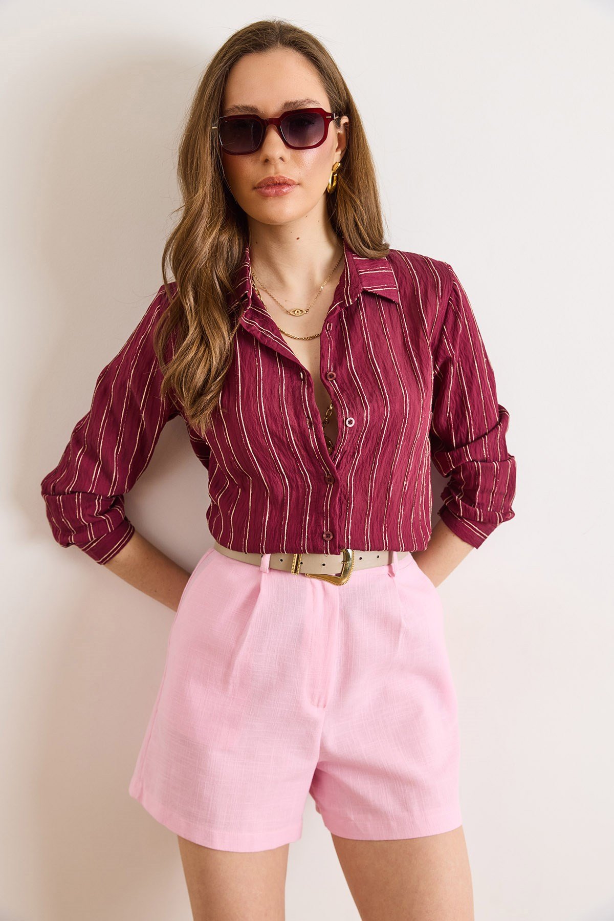 Dokulu Kontrast Çizgili Regular Fit Gömlek Bordo