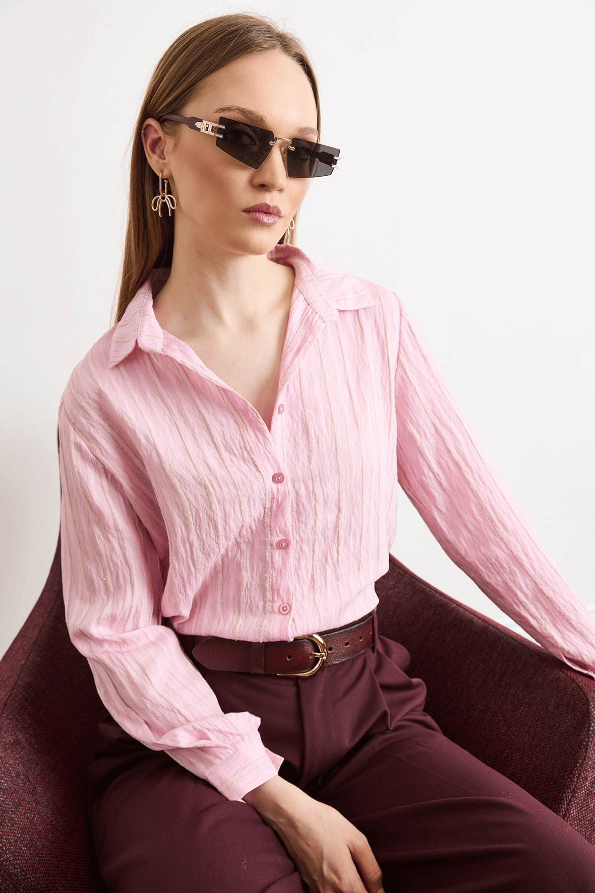 Dokulu Kontrast Çizgili Regular Fit Gömlek Pembe