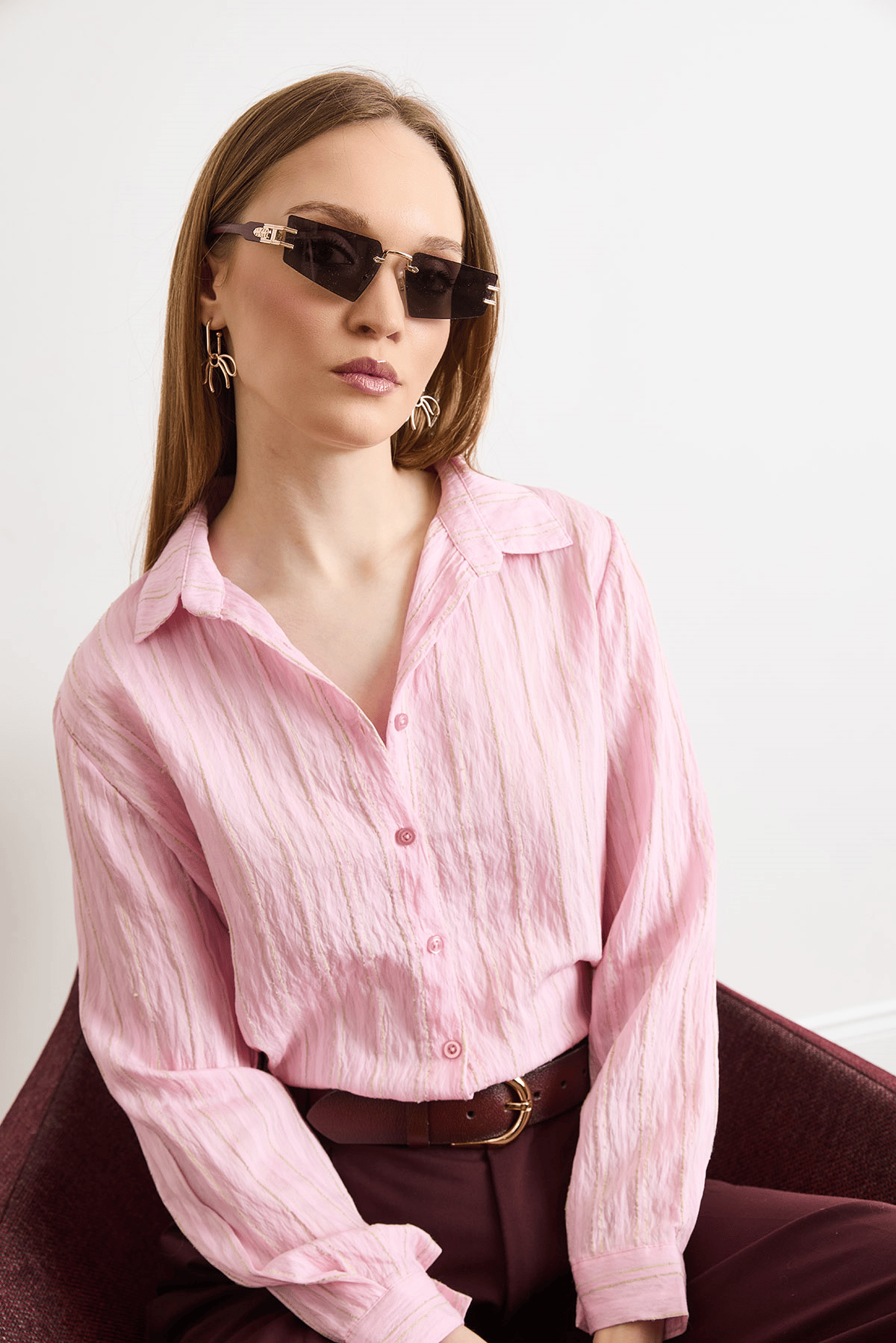 Dokulu Kontrast Çizgili Regular Fit Gömlek Pembe
