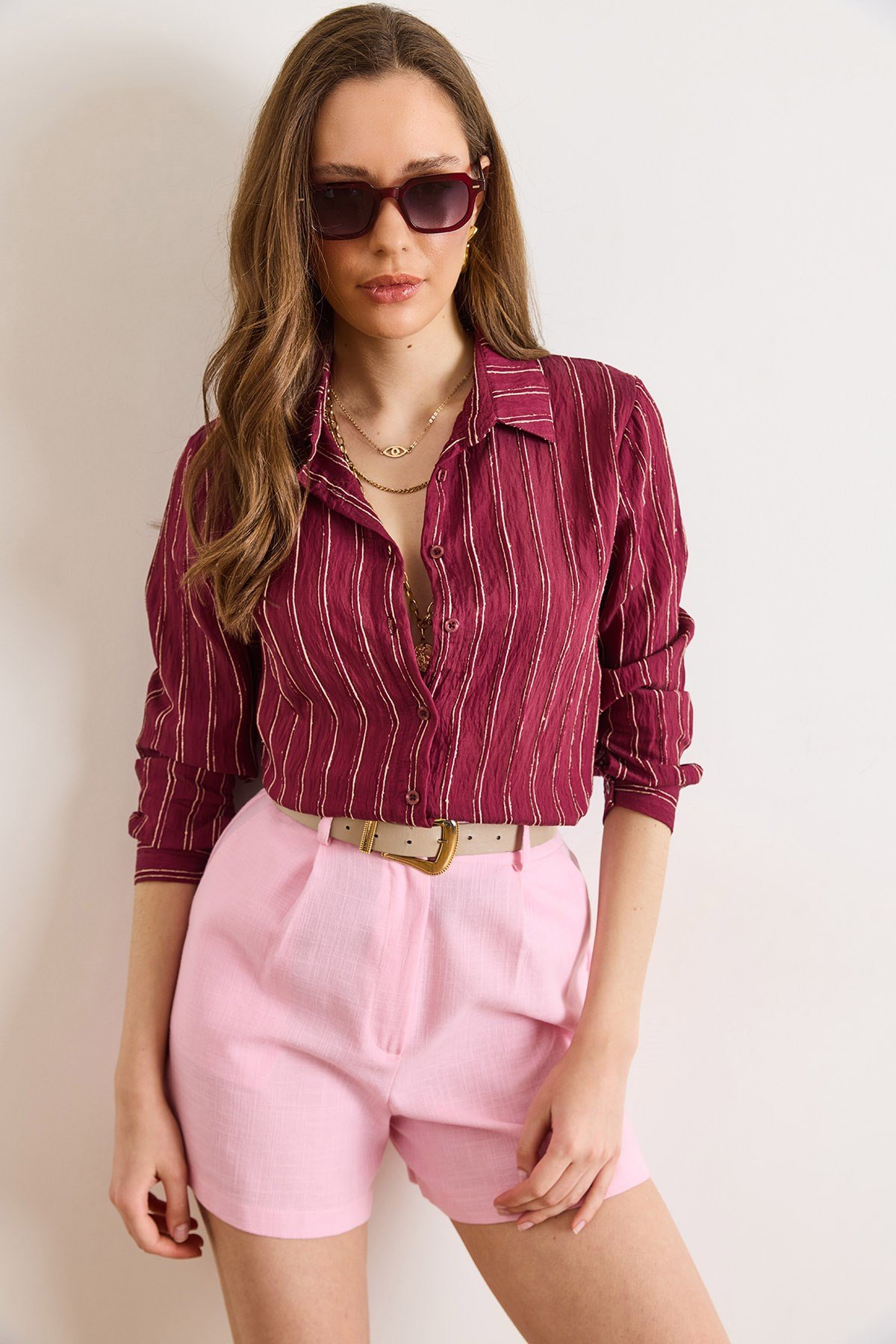Dokulu Kontrast Çizgili Regular Fit Gömlek Bordo