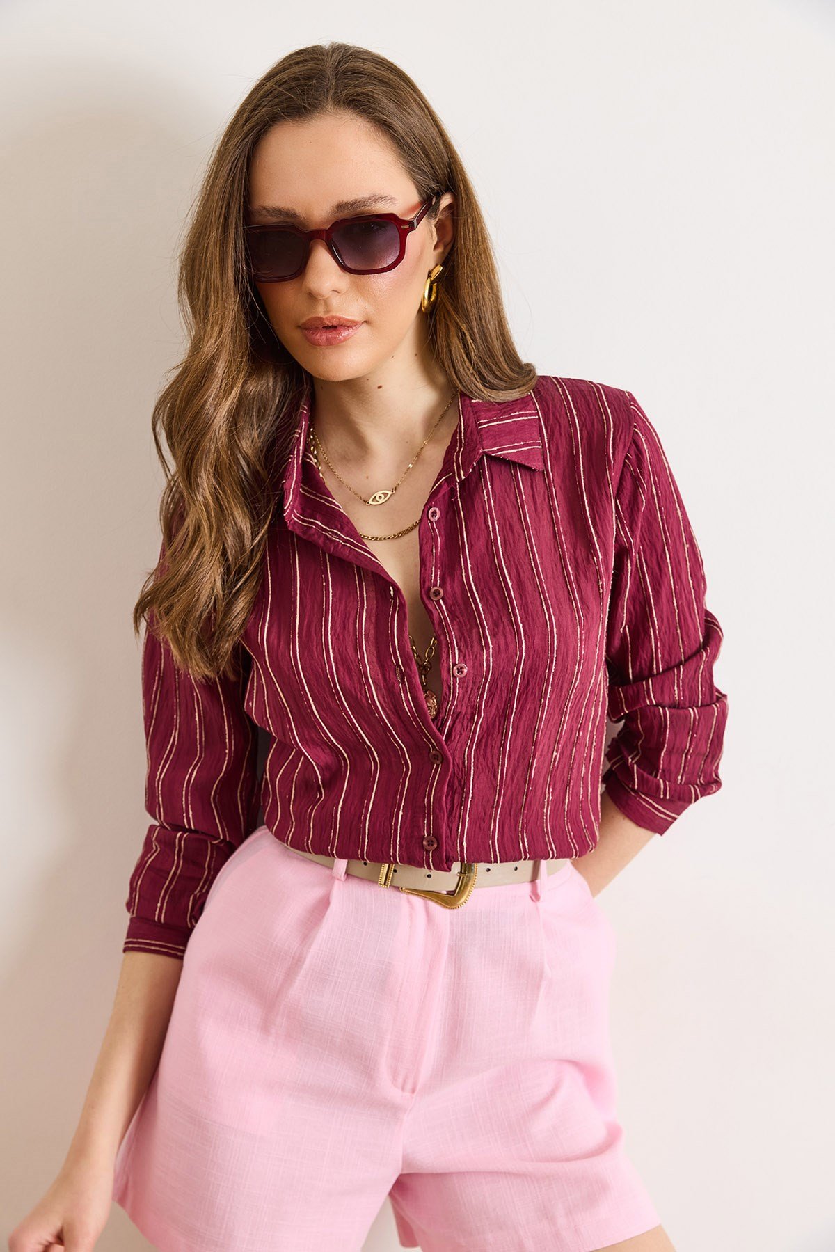 Dokulu Kontrast Çizgili Regular Fit Gömlek Bordo