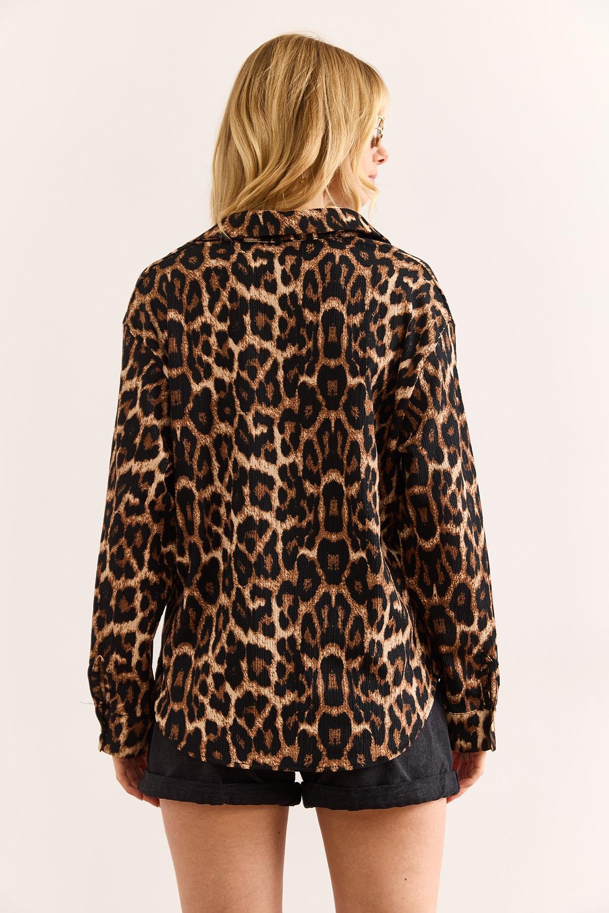 Dökümlü Leopar Gömlek Siyah
