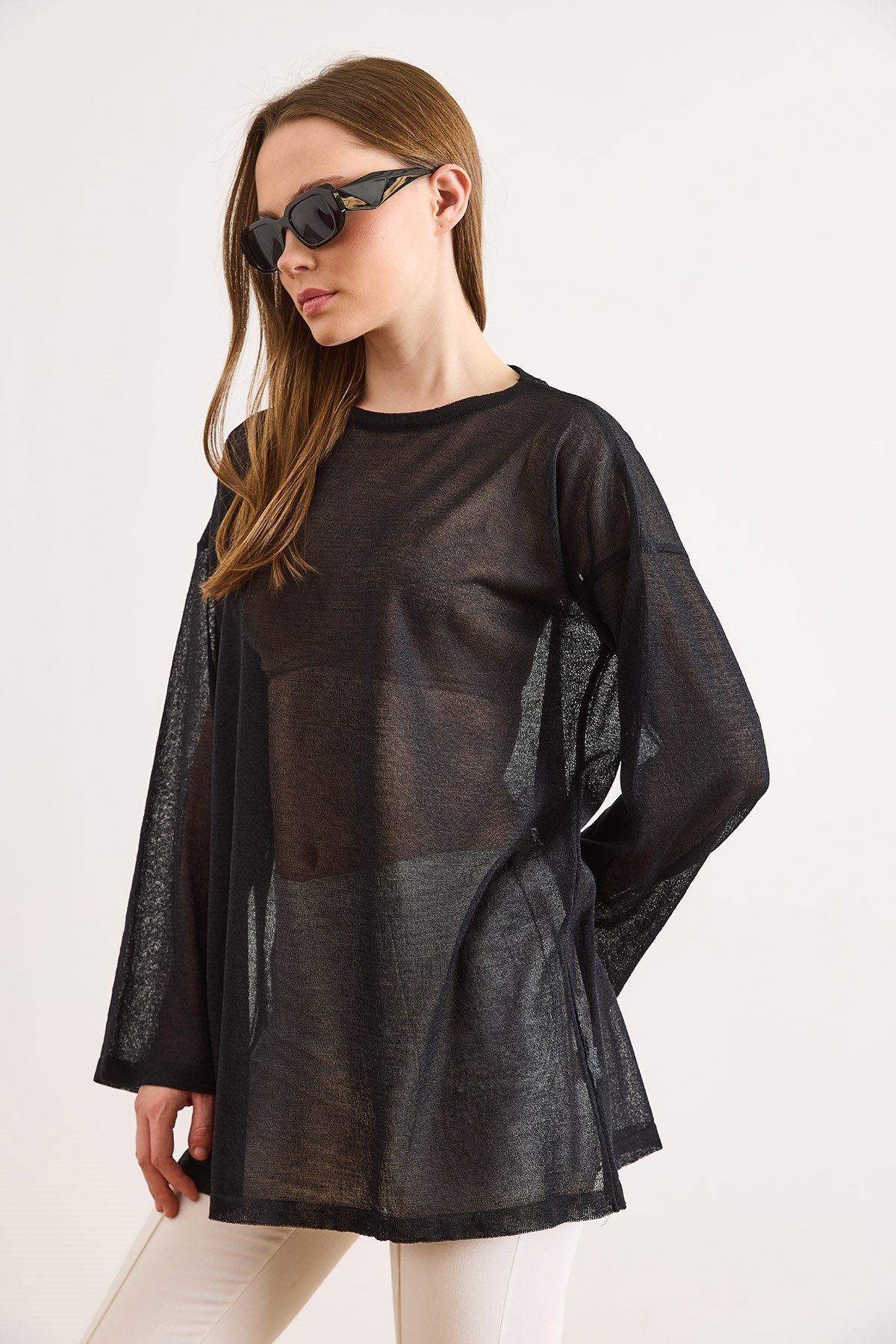 Dökümlü Loose Fit Transparan Triko Bluz Siyah