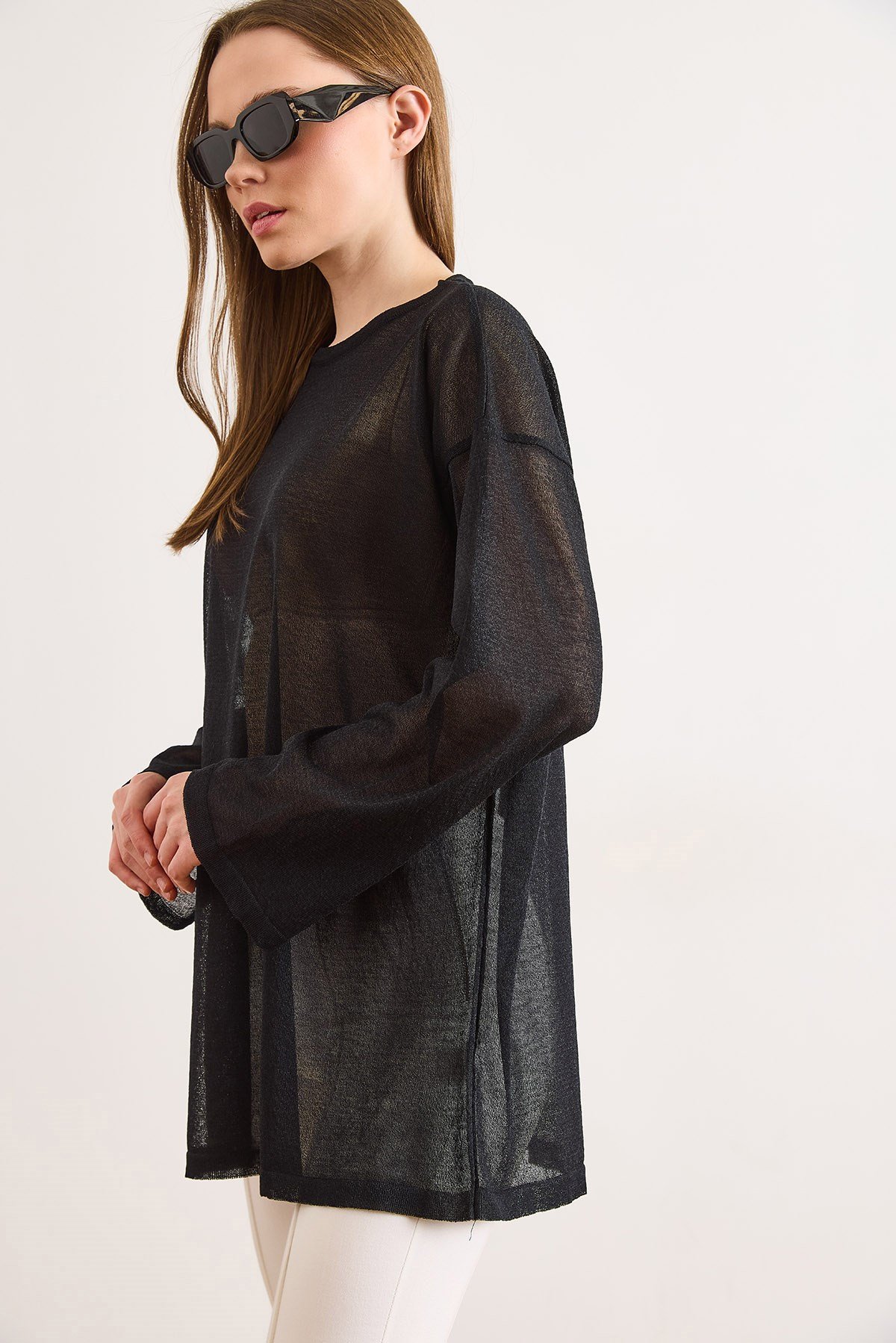 Dökümlü Loose Fit Transparan Triko Bluz Siyah