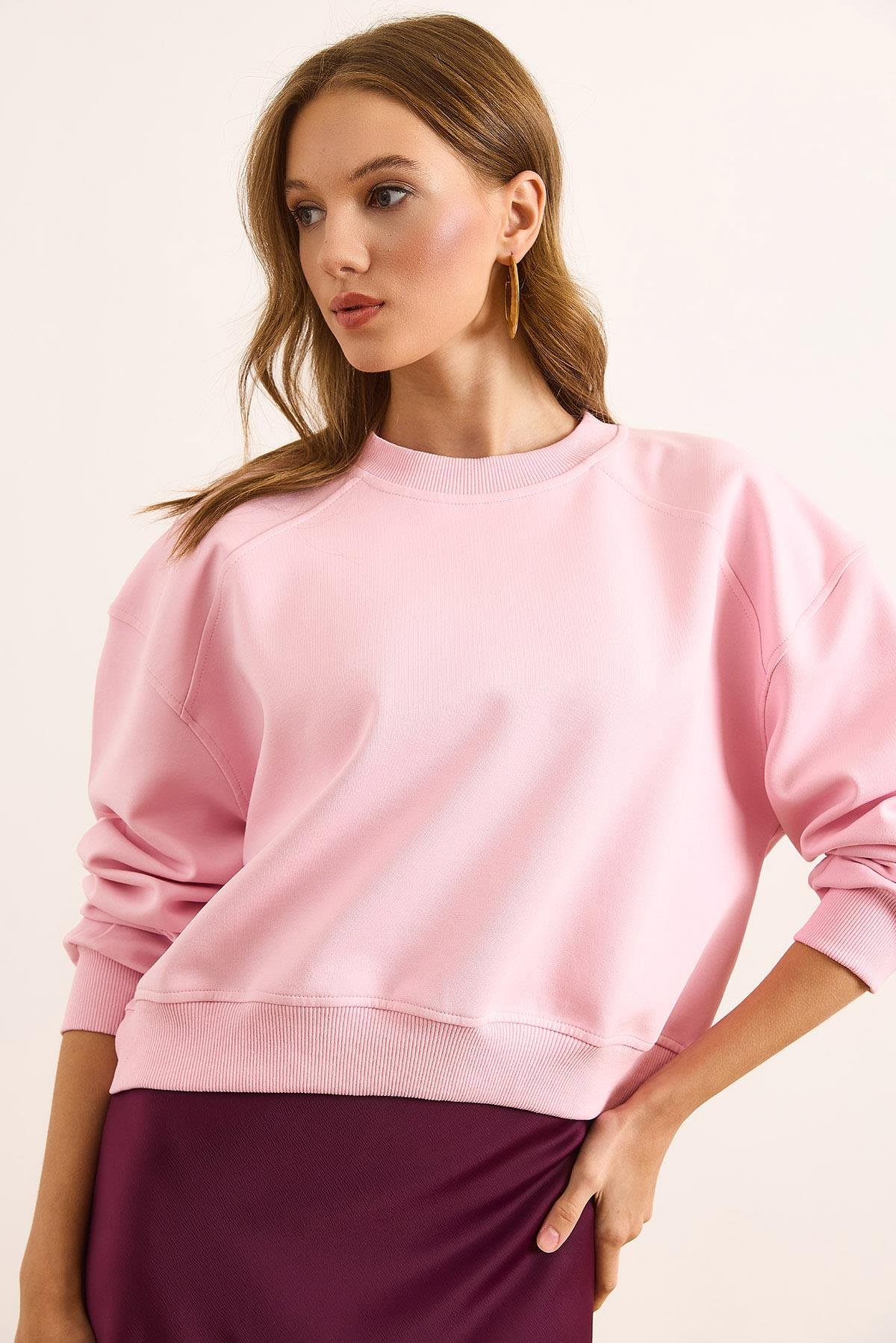 Double İnterlok Kol Detaylı Kalın Sweatshirt Pembe