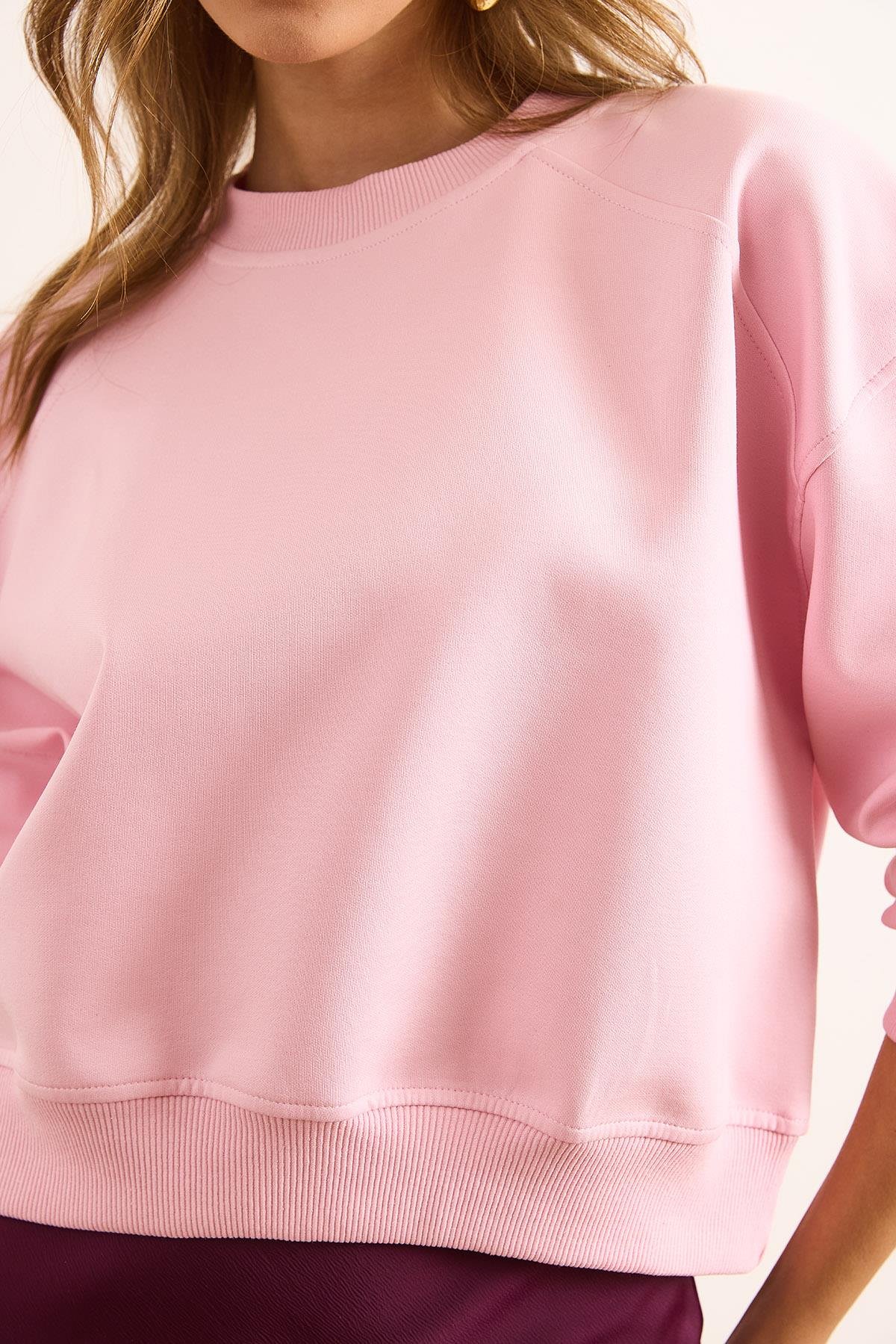 Double İnterlok Kol Detaylı Kalın Sweatshirt Pembe
