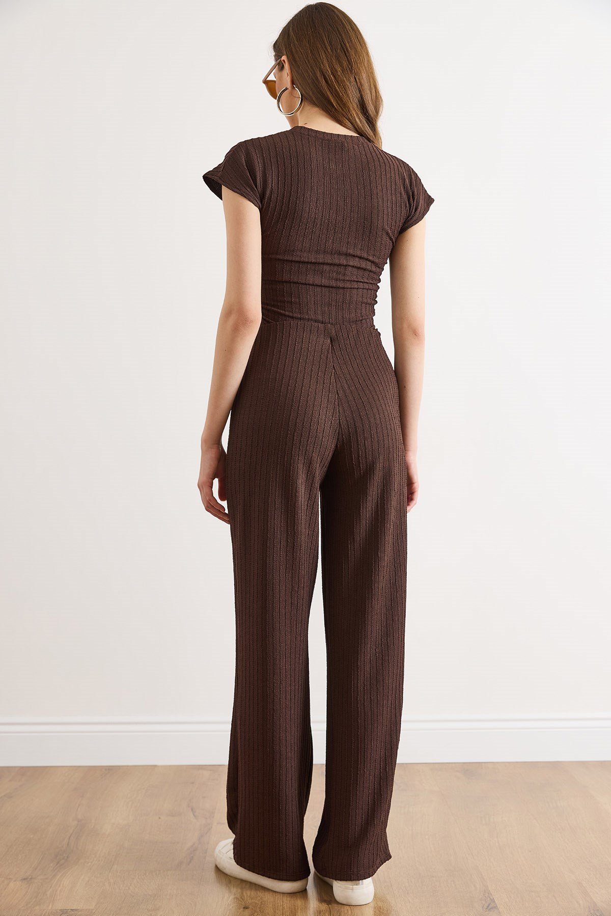 Drape Detaylı Bluz Pantolon Takım Kahverengi