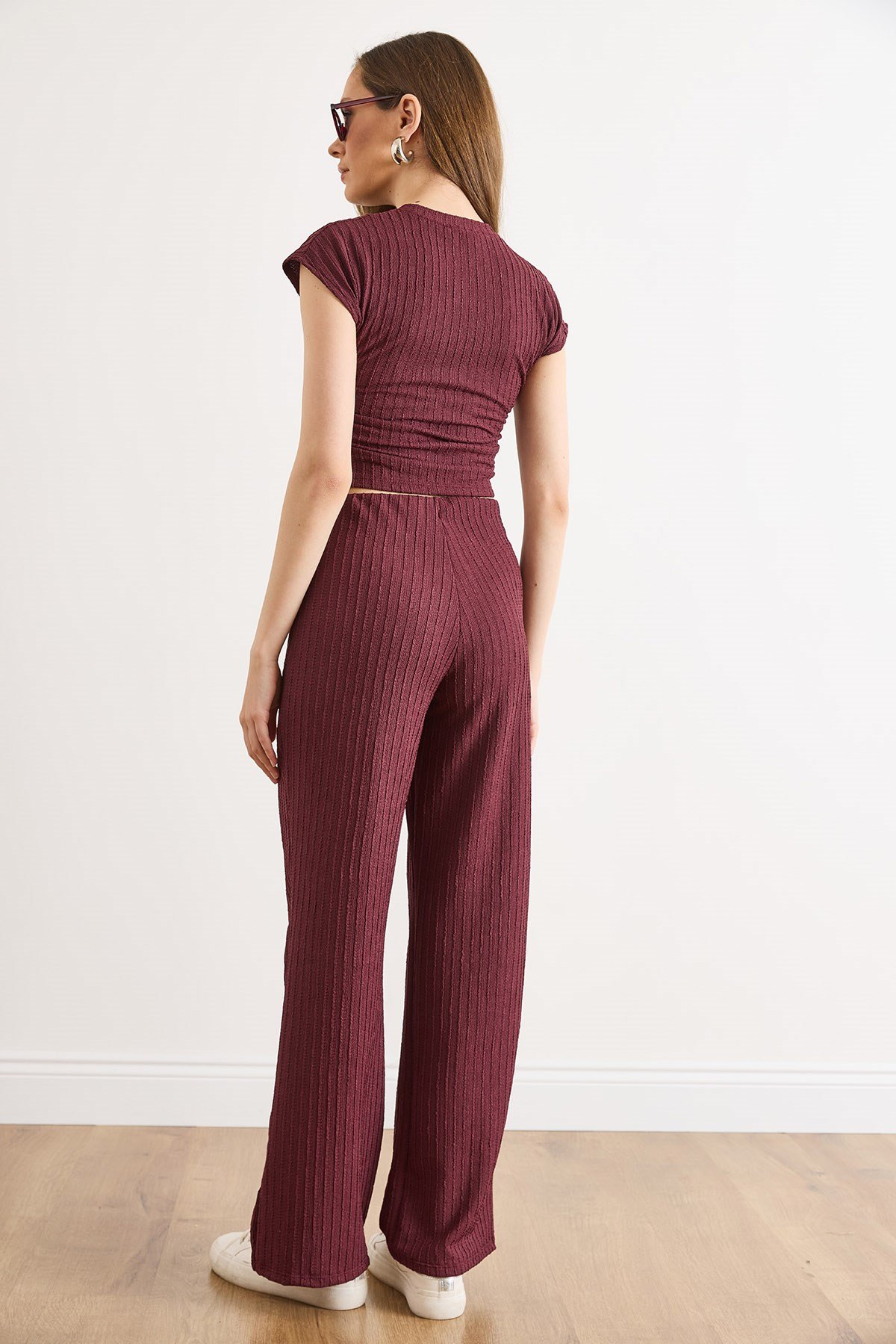 Drape Detaylı Bluz Pantolon Takım Mürdüm