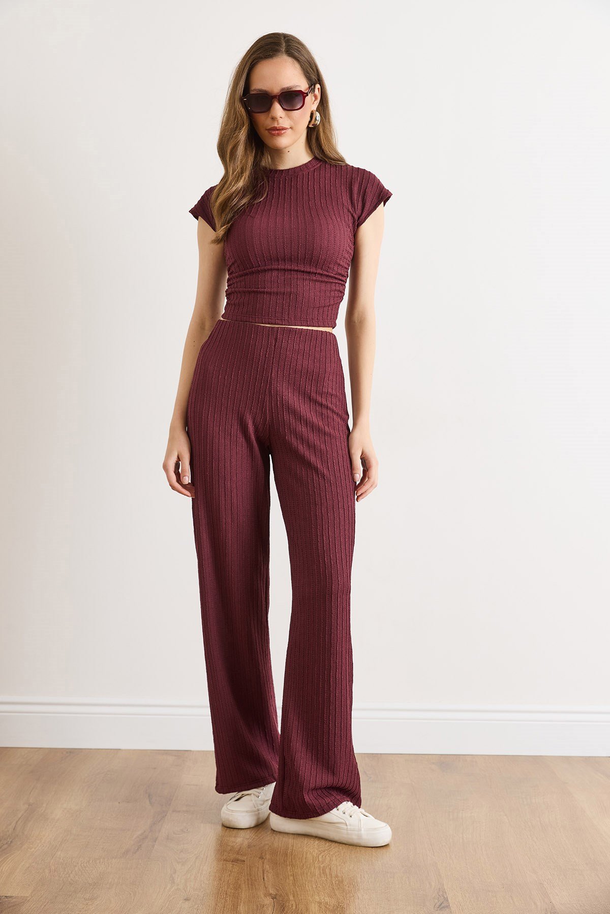 Drape Detaylı Bluz Pantolon Takım Mürdüm