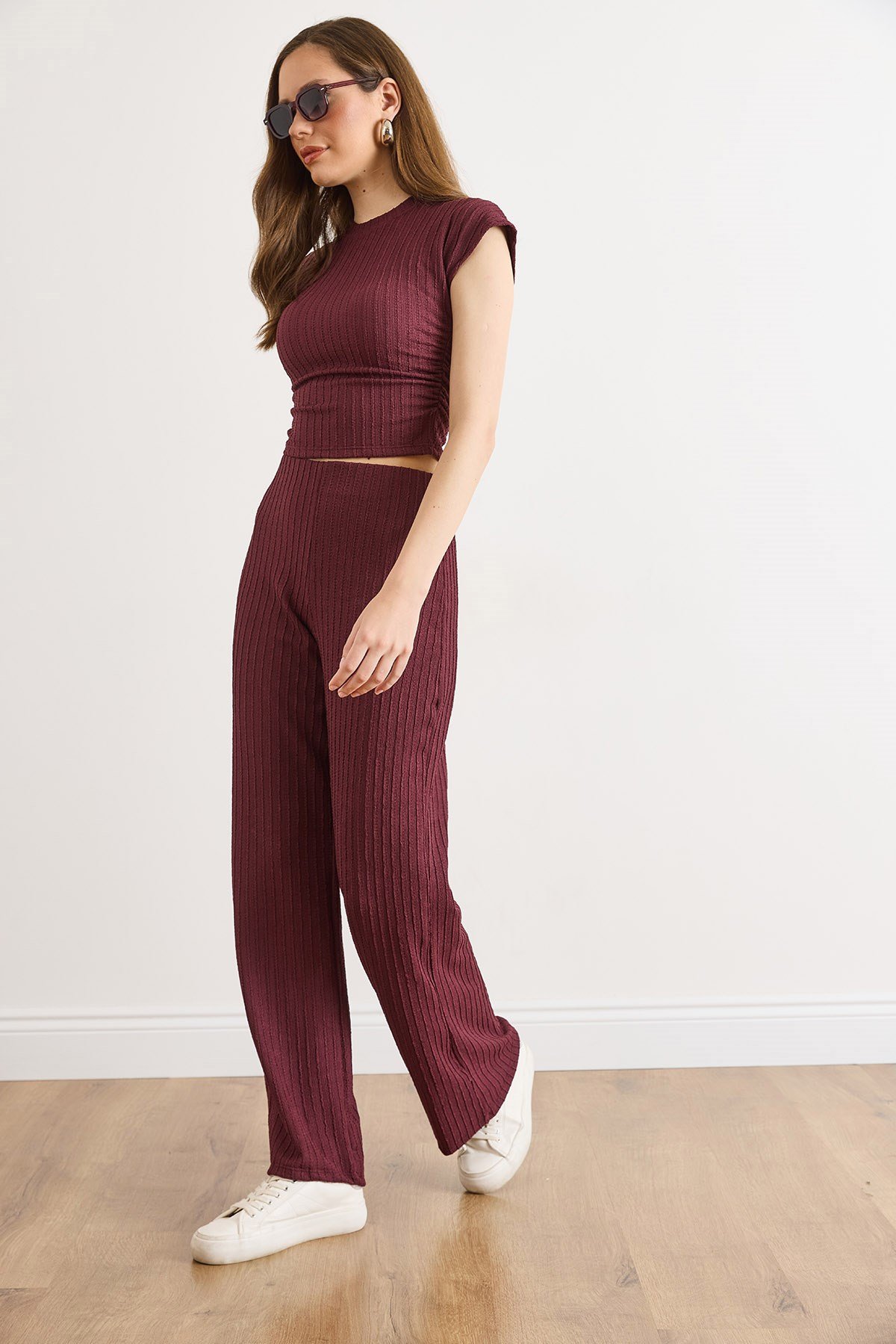 Drape Detaylı Bluz Pantolon Takım Mürdüm