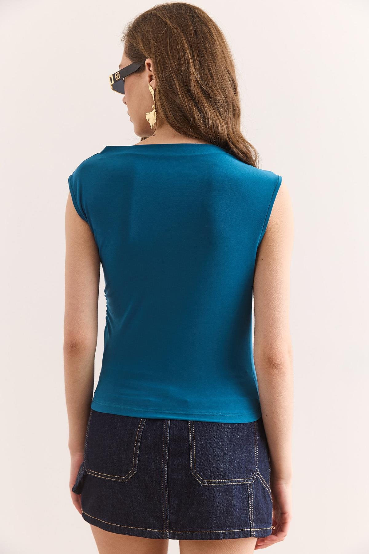 Drape Detaylı Dökümlü Bluz Petrol Mavisi