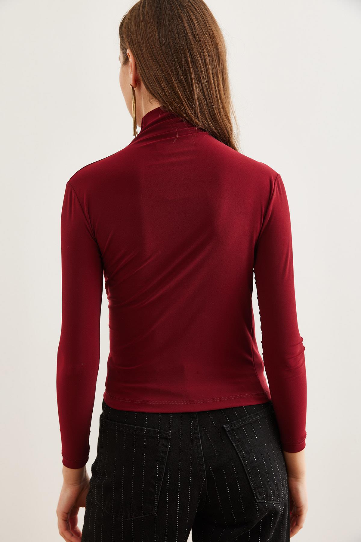 Drape Detaylı Dökümlü Şık Bluz Koyu Bordo
