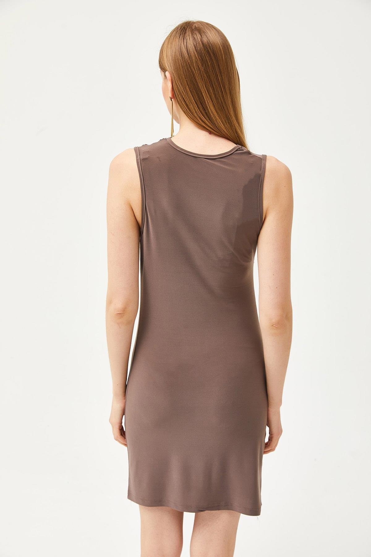 Drape Detaylı Esnek Mini Elbise Vizon