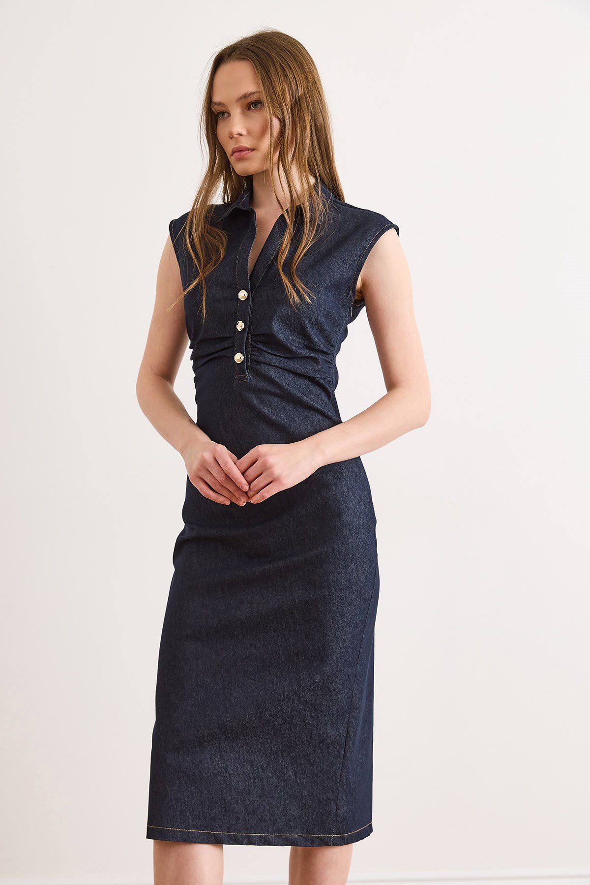 Drape Detaylı Likralı Midi Denim Elbise Lacivert