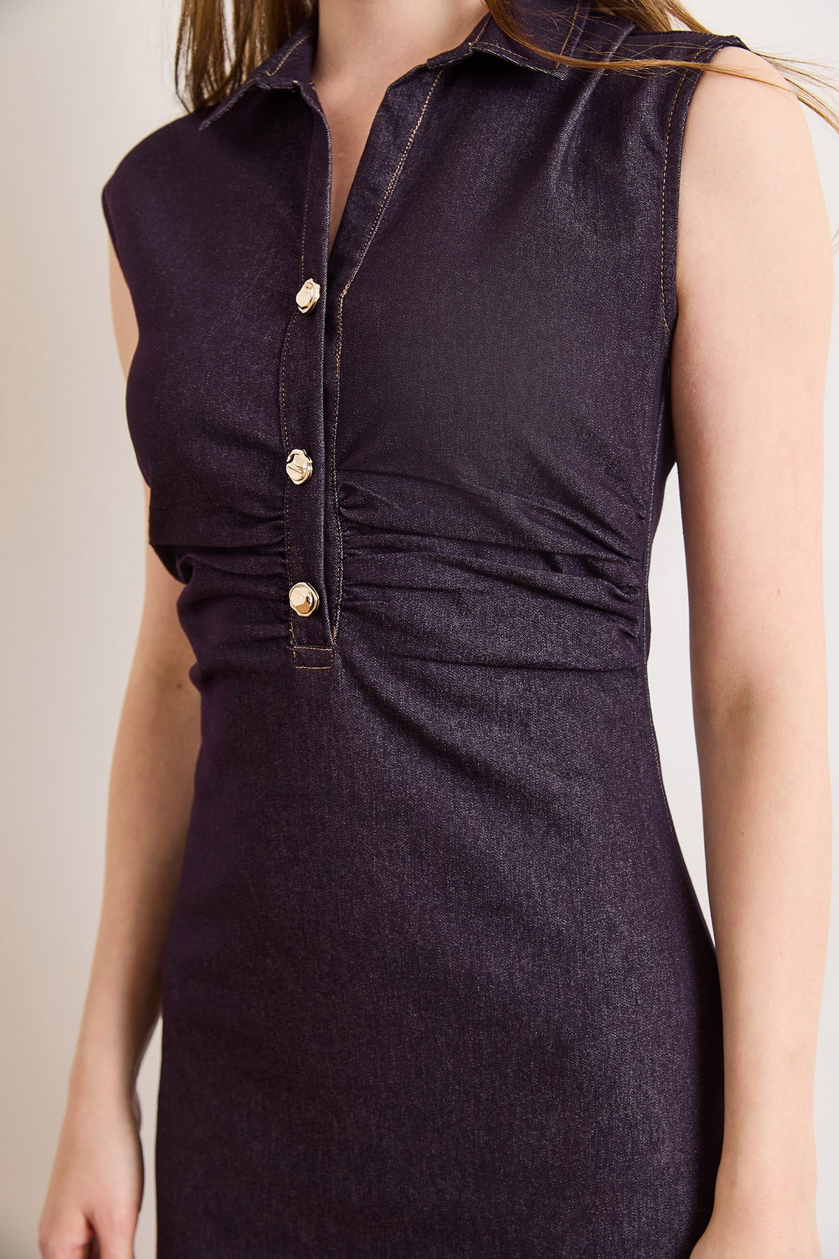 Drape Detaylı Likralı Midi Denim Elbise Mürdüm