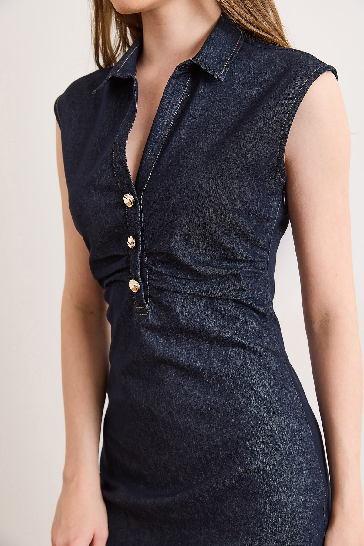 Drape Detaylı Likralı Midi Denim Elbise Lacivert