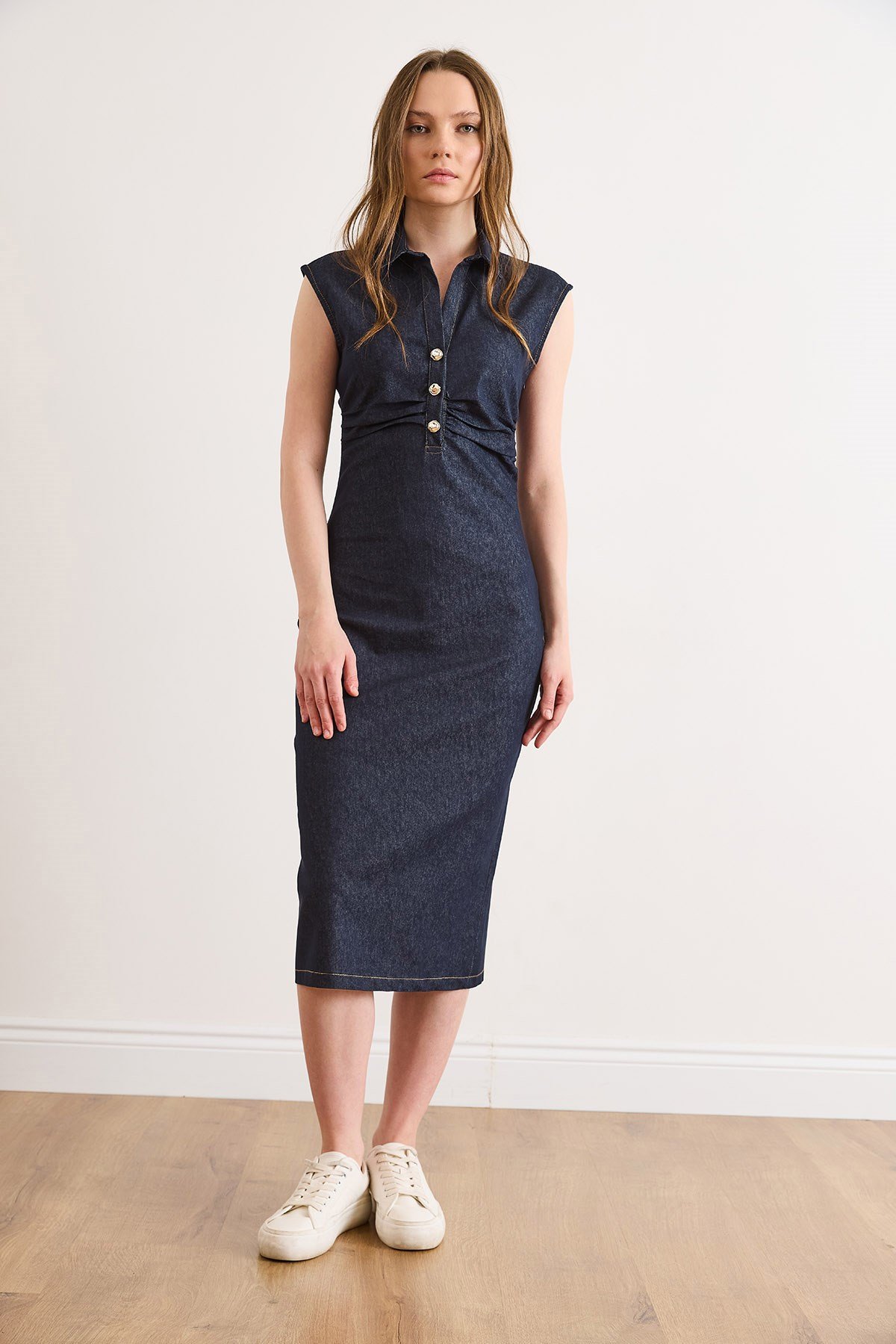Drape Detaylı Likralı Midi Denim Elbise Lacivert