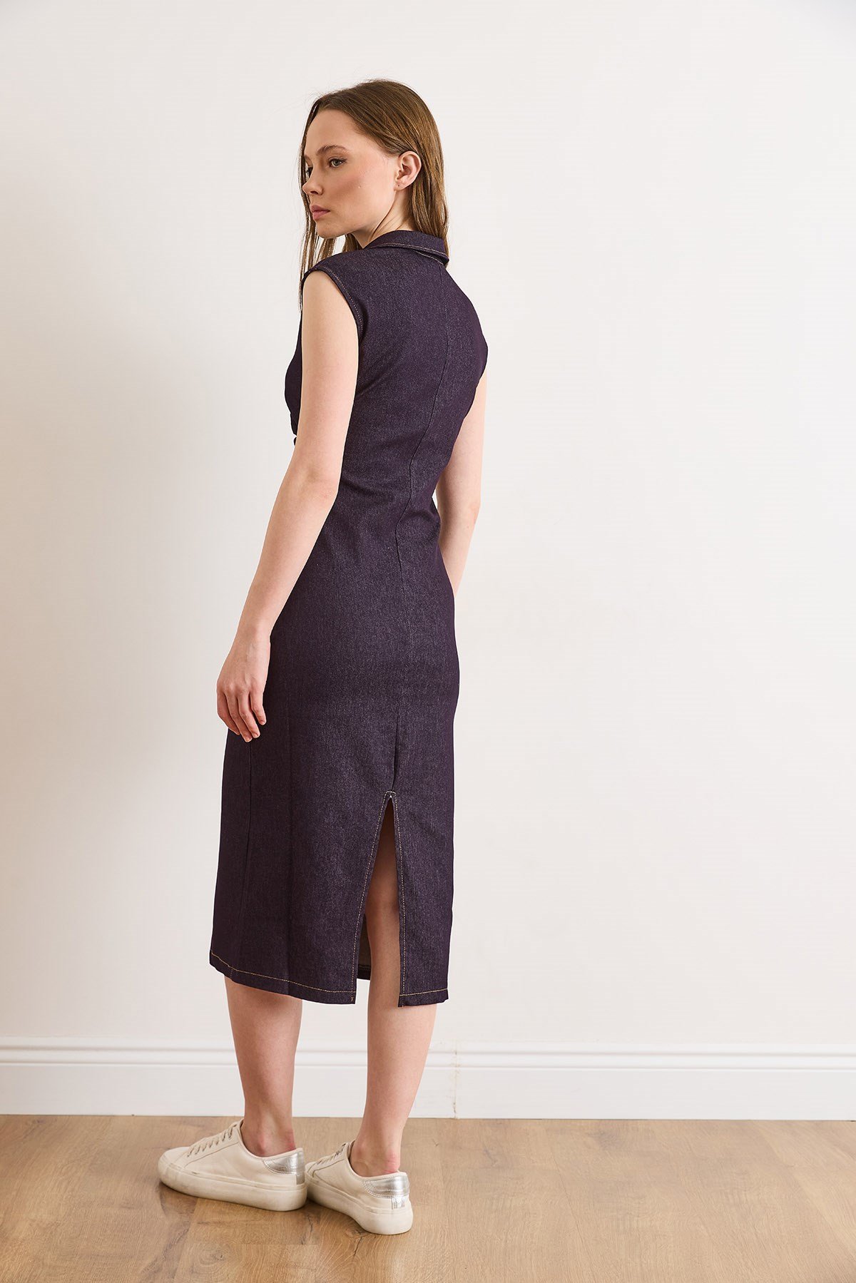 Drape Detaylı Likralı Midi Denim Elbise Mürdüm