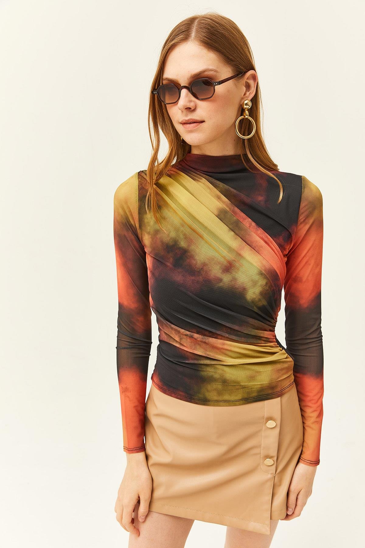Drape Detaylı Önü Astarlı Tül Bluz Batik Siyah