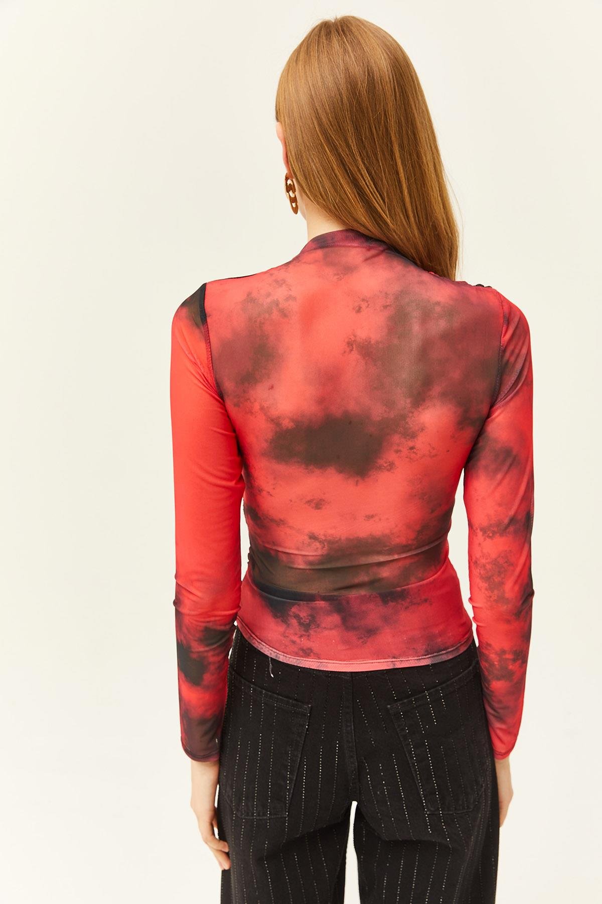 Drape Detaylı Önü Astarlı Tül Bluz Kırmızı