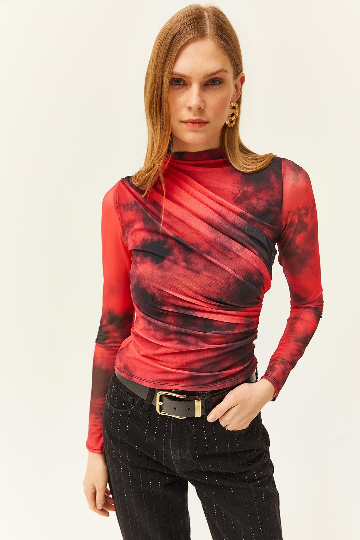 Drape Detaylı Önü Astarlı Tül Bluz Kırmızı