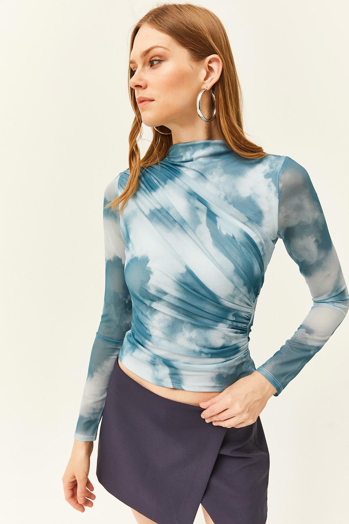 Drape Detaylı Önü Astarlı Tül Bluz Mavi