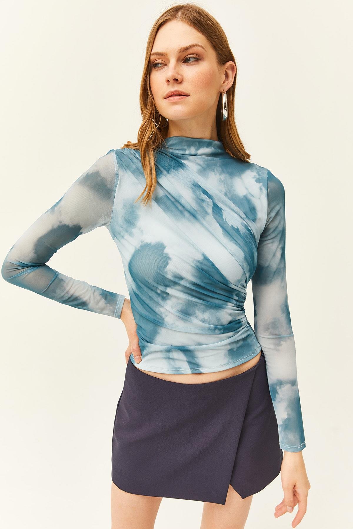 Drape Detaylı Önü Astarlı Tül Bluz Mavi
