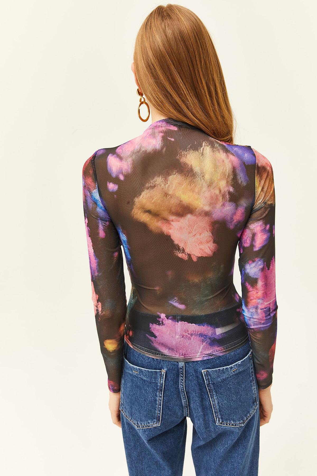 Drape Detaylı Önü Astarlı Tül Bluz Mor