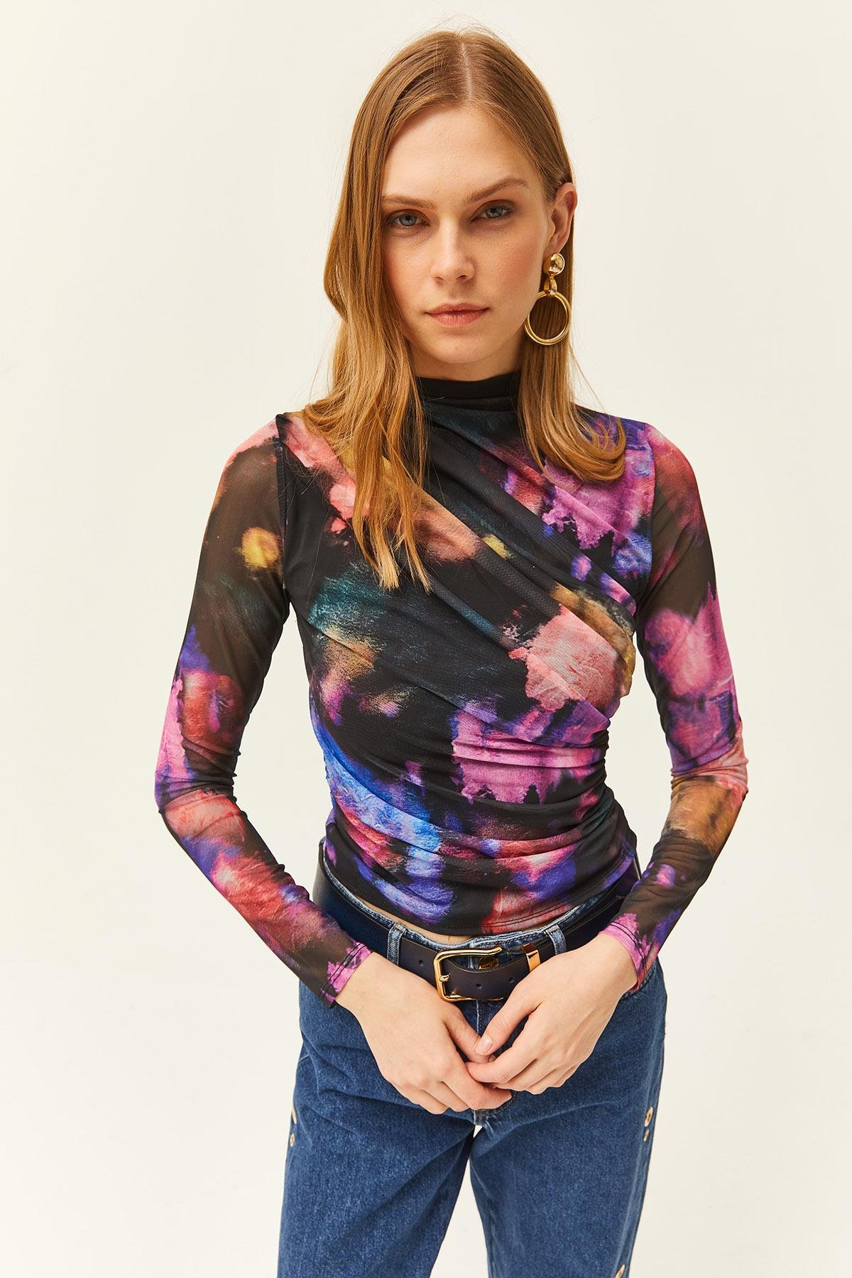 Drape Detaylı Önü Astarlı Tül Bluz Mor