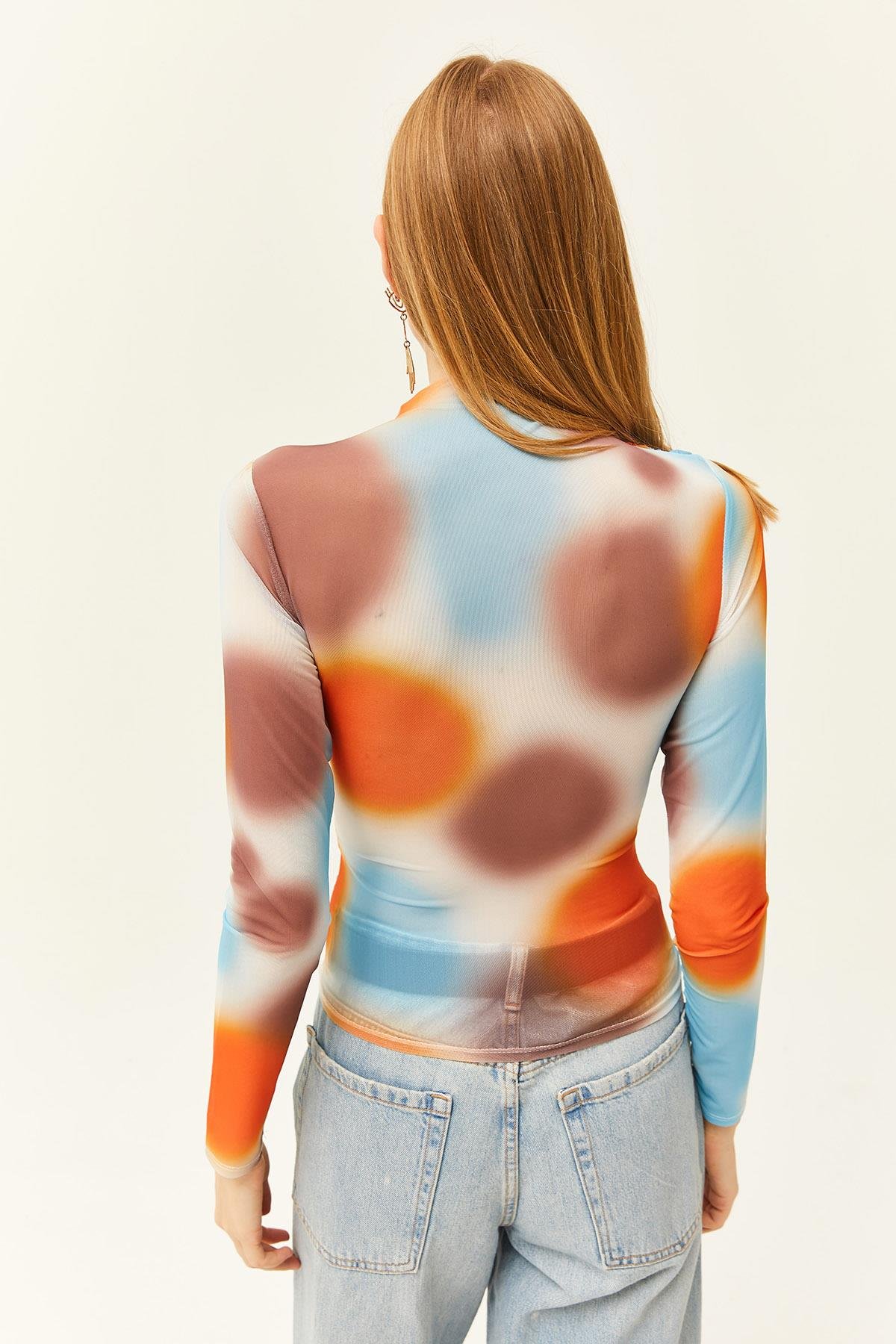 Drape Detaylı Önü Astarlı Tül Bluz Turuncu