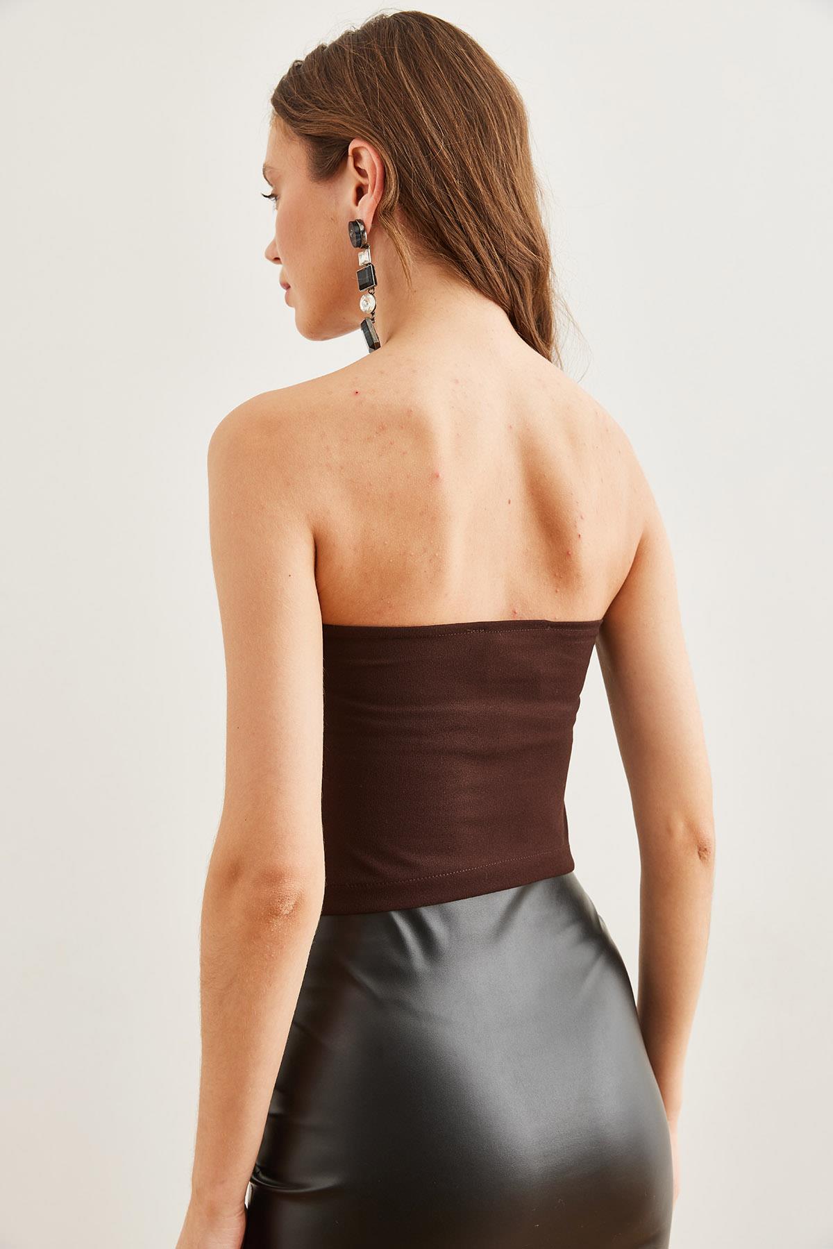 Drape Detaylı Straplez Bluz Acı Kahve