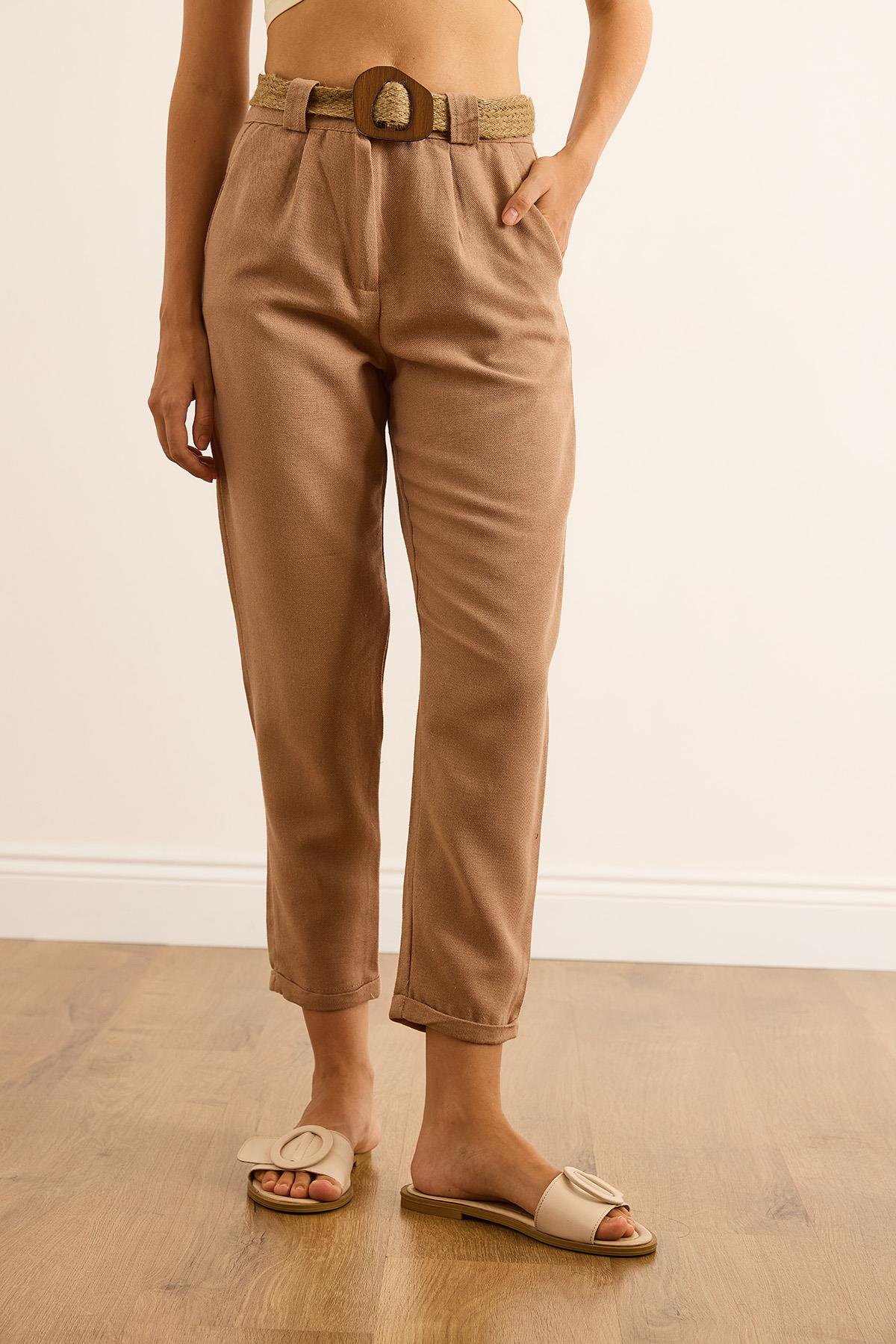 Duble Paça Kemerli Keten Havuç Pantolon Camel