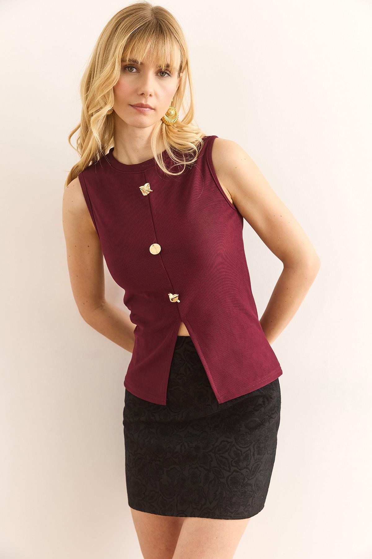 Düğme Detaylı Fitilli Bluz Bordo