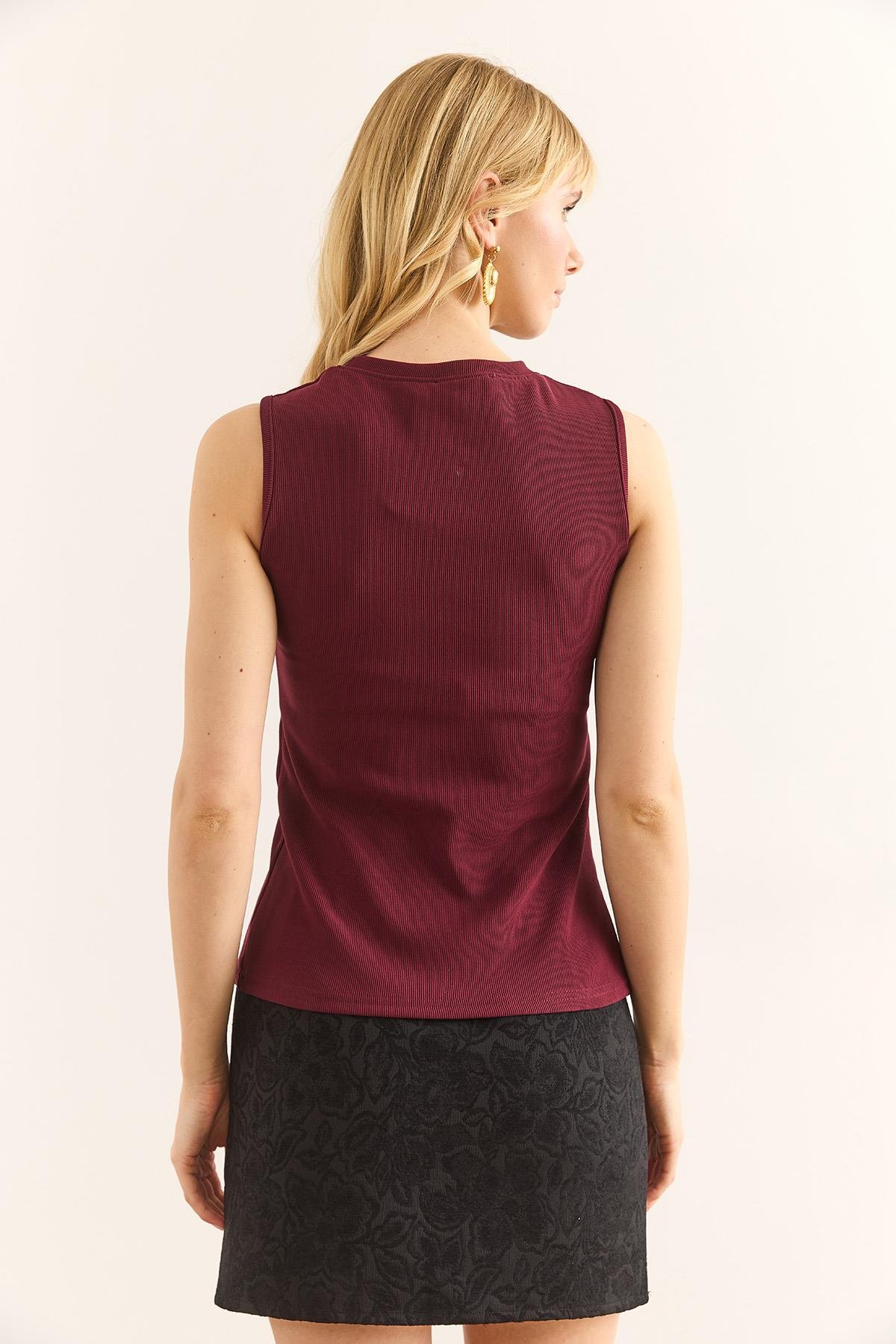 Düğme Detaylı Fitilli Bluz Bordo
