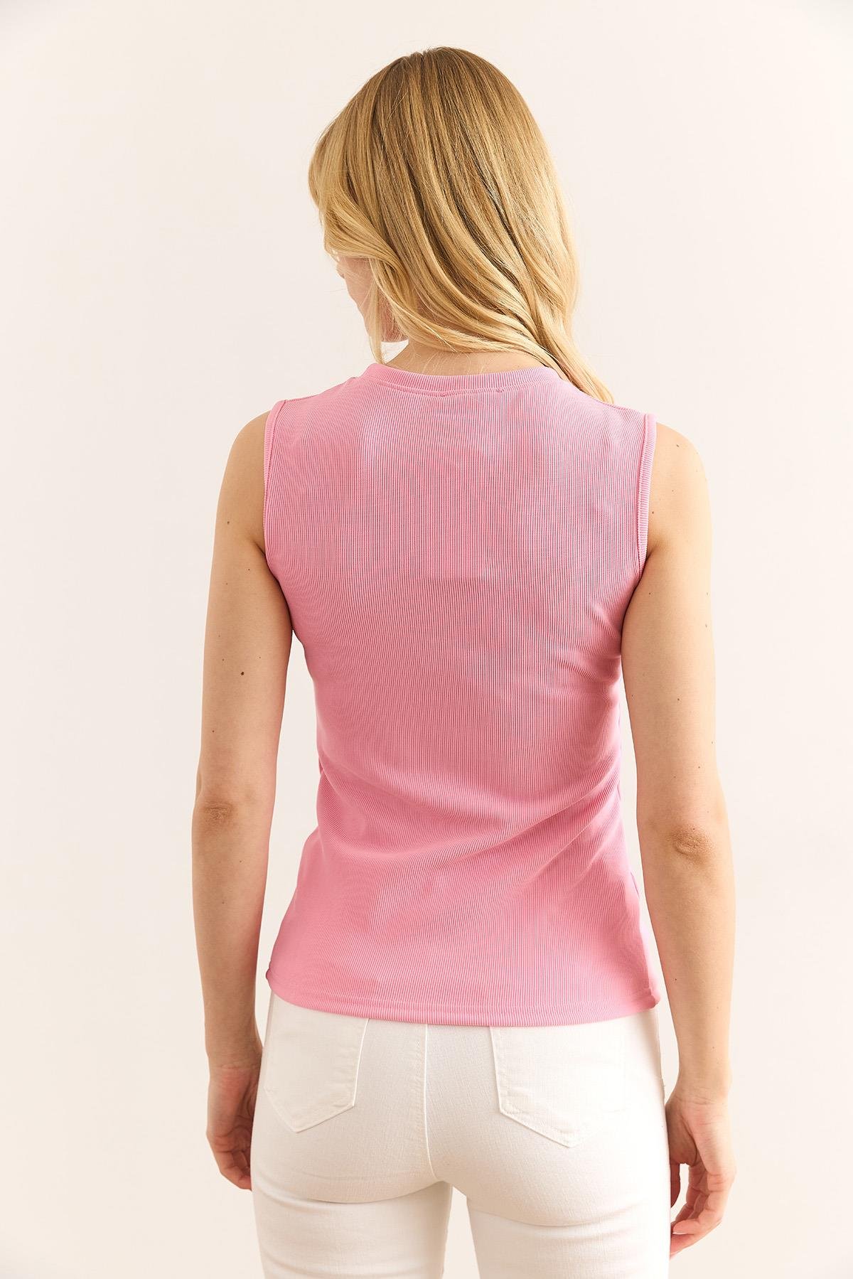 Düğme Detaylı Fitilli Bluz Şeker Pembe